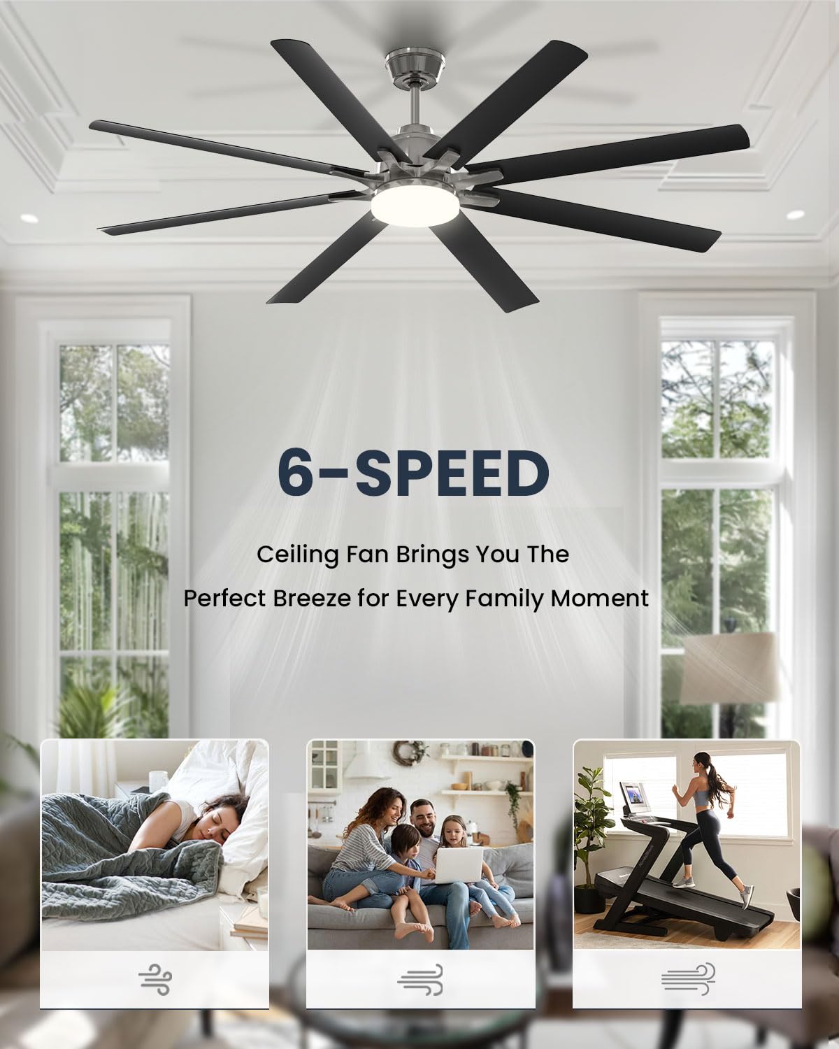 66" Large Ceiling Fan with Light & Remote Control in Brush Nickel & Black, 8 Blades 6-Speed Low Profile Ceiling Fan Fixture, for Dining Room Bedroom Living Room Kitchen Garage Patio Indoor