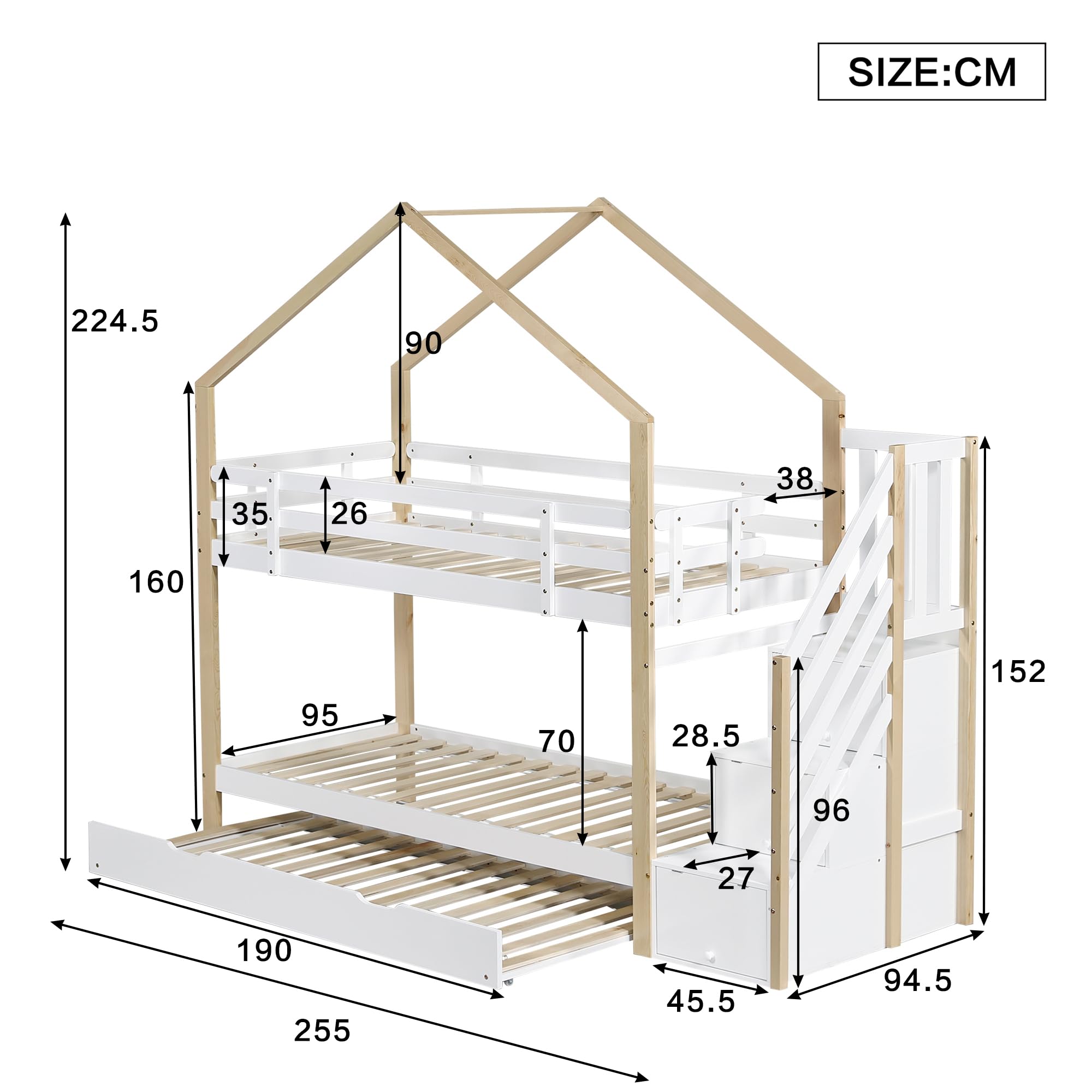 Rtopsu Kinderbett Etagenbett 90x200 cm mit Ausziehbares Bett, Bettgestell mit Treppe und Stauraum Regal, Hochbett mit Rausfallschutz und Lattenrost, Hausbett mit Dach, Weiß & Natur, Ohne Matratze
