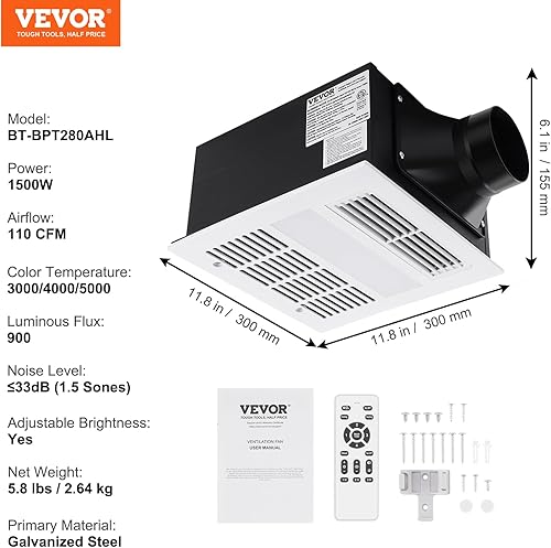 Miniatura 7 de VEVOR Extractor de baño, ventilación de 110 CFM, operación de bajo ruido de 1.5 sonidos, control remoto, refrigeración y calefacción, luz LED