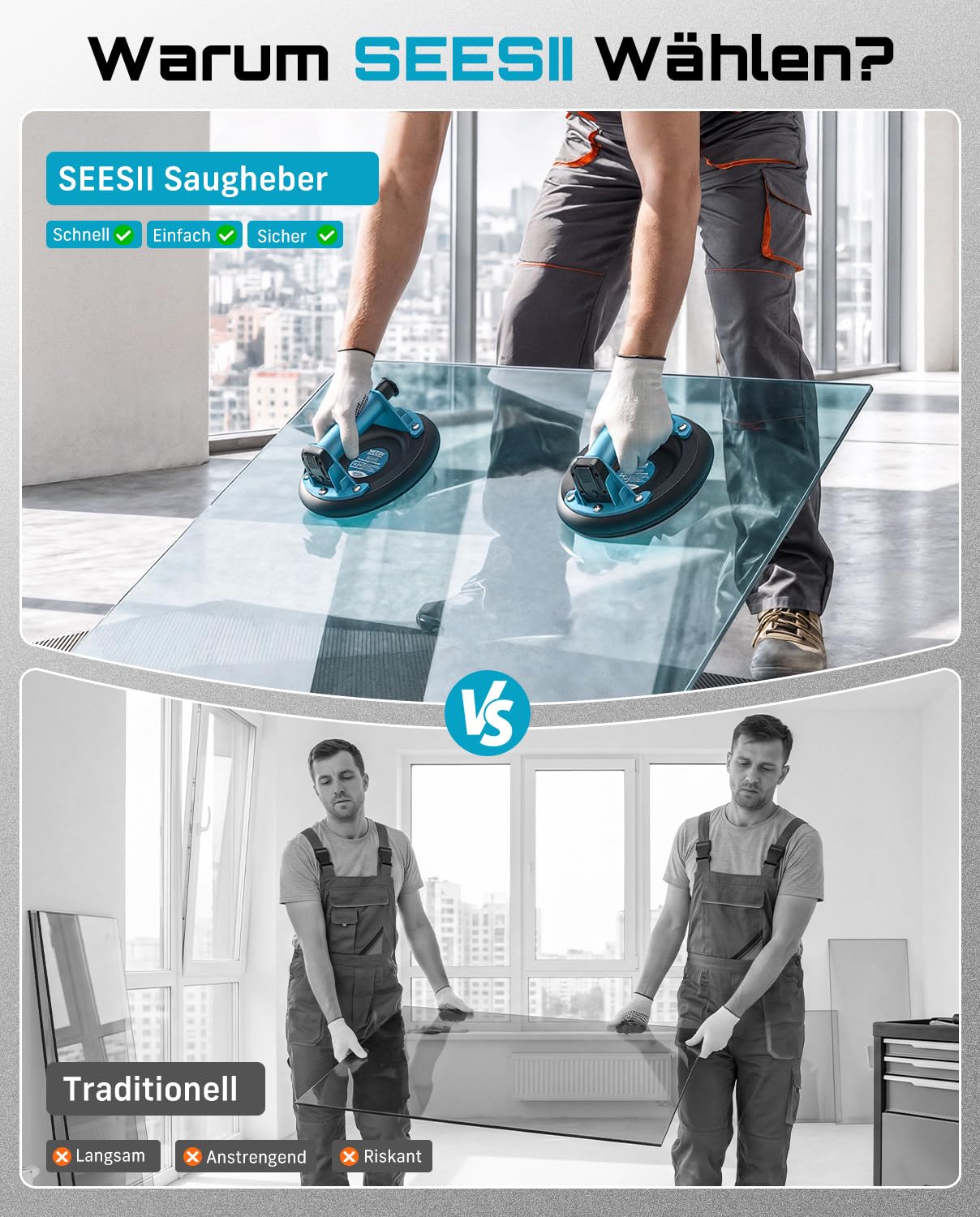 SEESII Vakuum Saugheber Fliesen, 2er-Set 8" Glassauger Tragkraft Max.200KG, Fliesenheber für Glas, Marmor, Laminat & Terrassenplatten, Vakuumheber Glasheber mit Tragbarer Werkzeugkasten