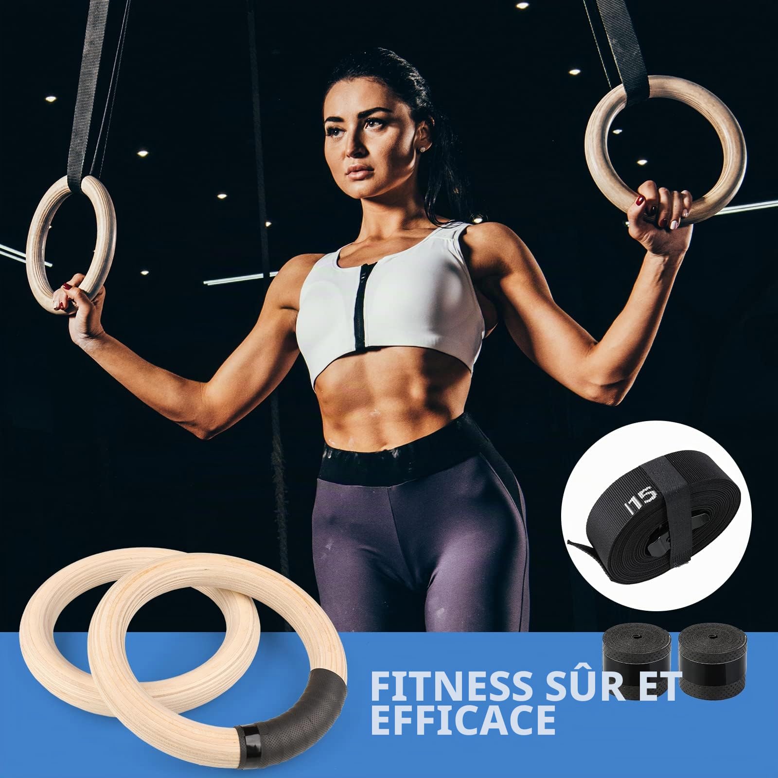 LIFERUN Anneaux de Gymnastique en Bois 28mm, Anneaux Sport Olympique avec Sangle Antidérapante, Boucle Réglable et Marqueurs - Anneaux d'entraînement pour Entraînement Complet du Corps