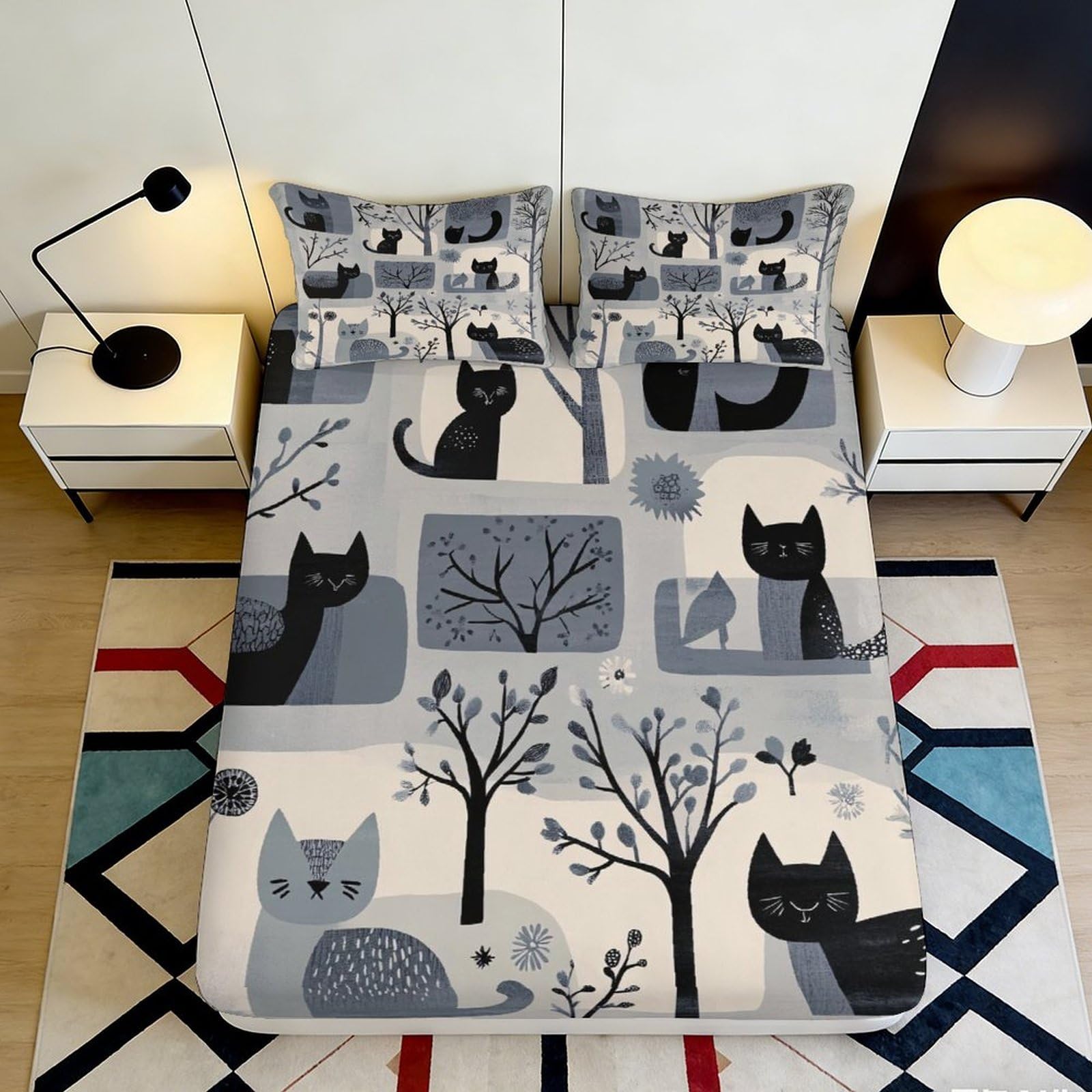Tjiqhvmrn Style-8 3D Printed Cat Tree Pattern Fitted Sheet Microfiber Deep Pocket Non-Slip Bedroom Bedding For Adults Youth Cat Mattress Fitted Cover Washable 90X200x25cm