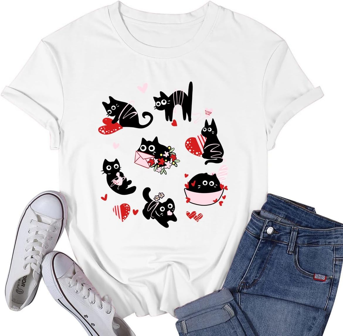 Women's Valentine's Day Shirt Cat Valentine Black Cat T-Shirts Love Heart Lover Girlfriend Tee Tops