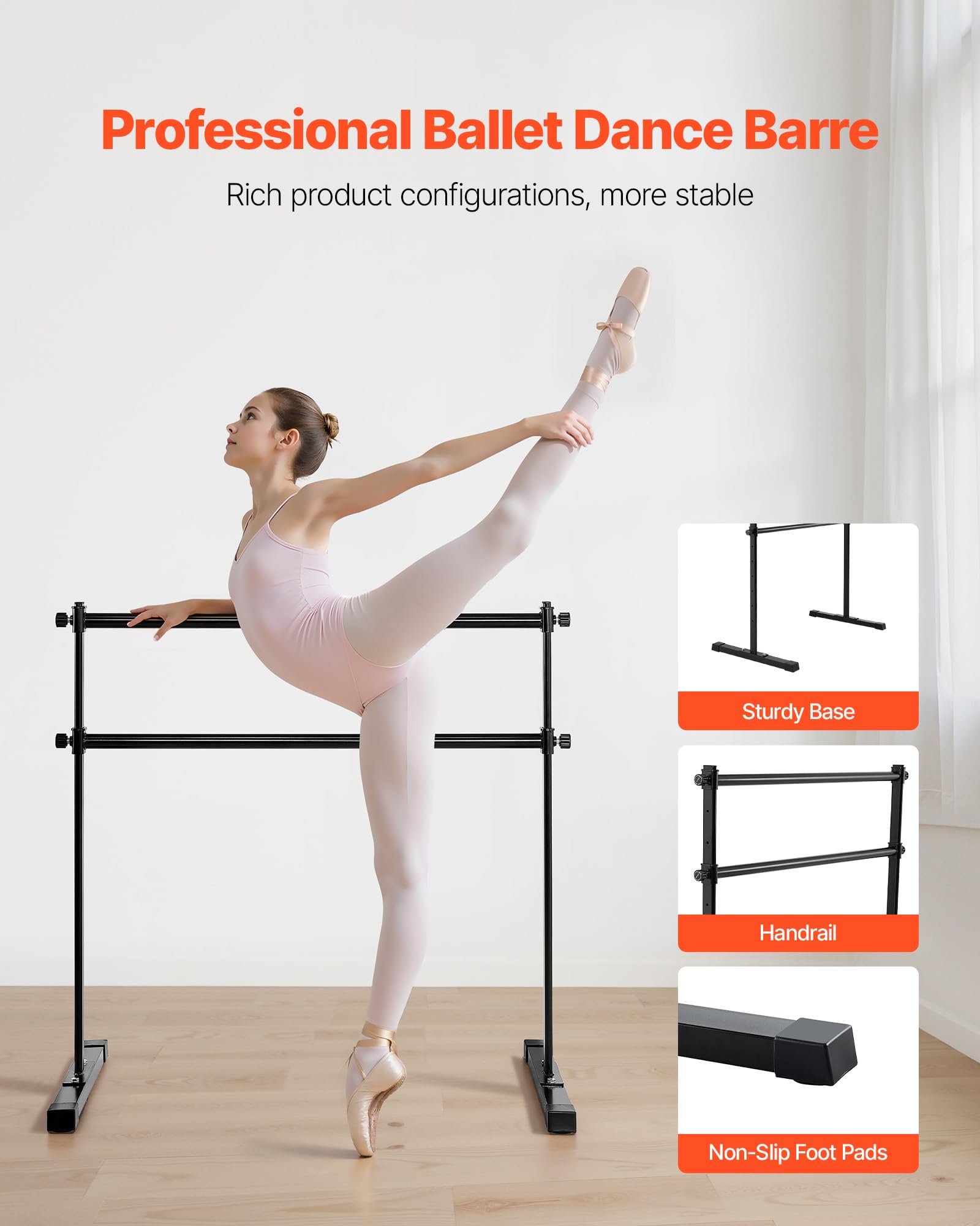 VEVOR Ballettstange Tanzstange freistehende Doppelstange, höhenverstellbare (10-stufig / 290-1205 mm) Stretchstange aus Metall für Ballettübung, Gleichgewichtstraining, Entspannungsübungen Tragbar