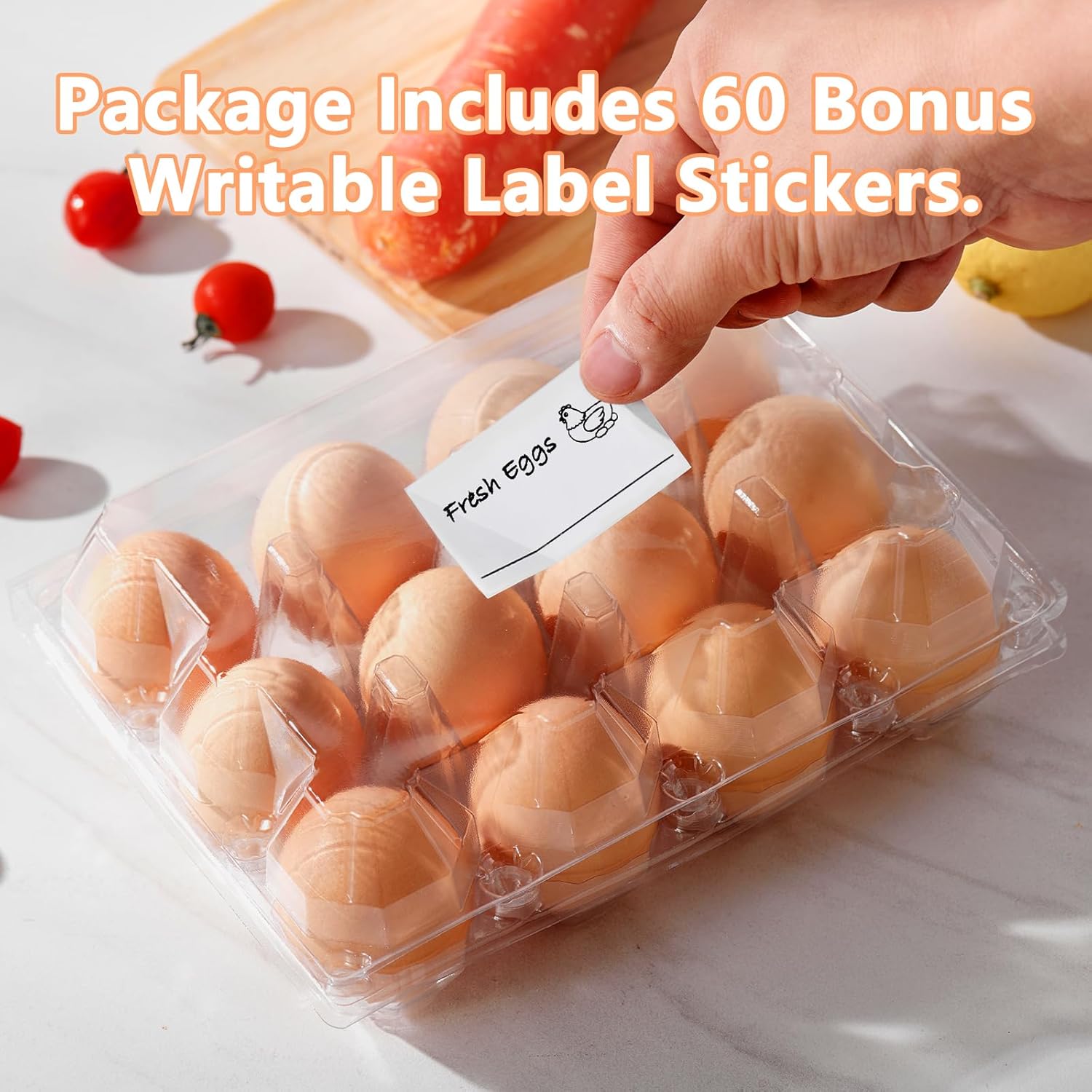 120PCS Egg Cartons Cheap Bulk, Clear Egg Cartons for Chicken Eggs, Reusable Chicken Egg Container Bulk Egg Holders with Labels for Refrigerator, Storage, Family, Chicken Farm, Market