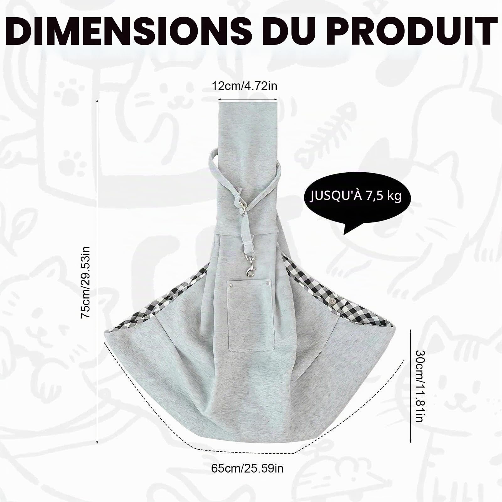 Écharpe de Transport pour Chien jusqu'à 7.5 kg - Gris - Sac à bandoulière pour Petits Chiens et Chats - Aide à Porter Respirante pour Les promenades, Les activités de Plein air et Les Voyages