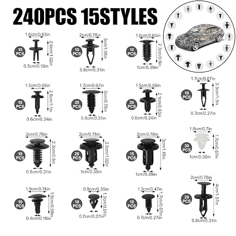 240PCS Car Trim Clips Set 15 Types Car Plastic Rivets with Removal Tools