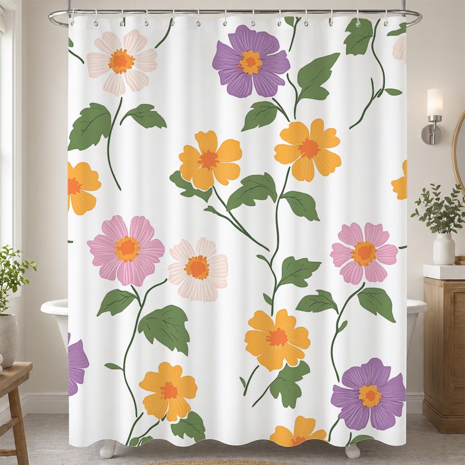 Rideau douche polyester lavable avec ourlet lesté et 12 crochets de fixation