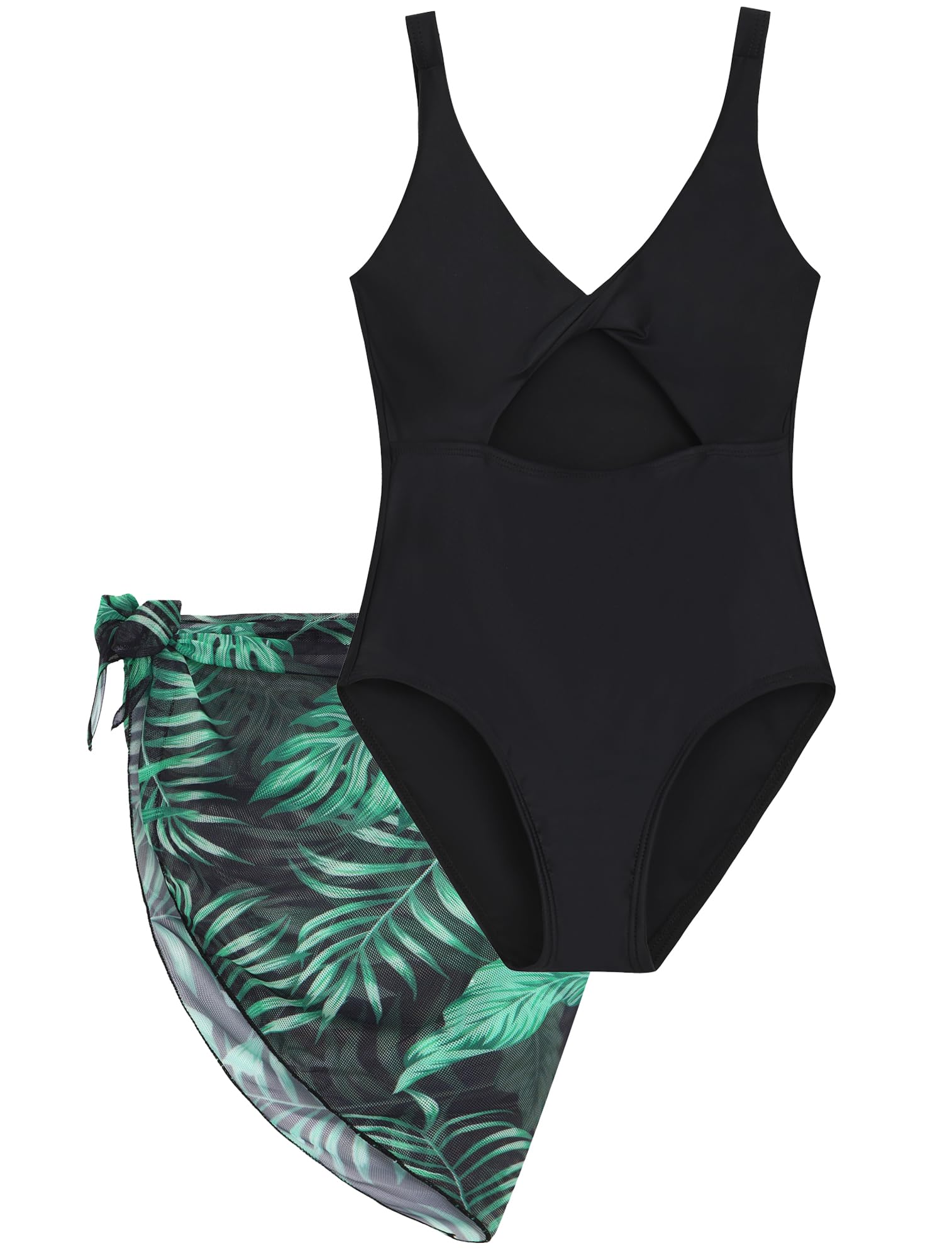 Mecamelon Girls One Piece Swimsuit with Cover Up Skirt Cut Out Bathing Suit Swimwear 8-15Y