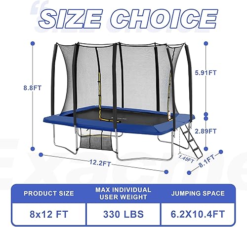 Miniatura 5 de Exacme Trampolín rectangular de 7 x 10 y 8 x 12 pies para niños, doble abertura, pequeño trampolín rectangular para exteriores con red de cierre, 4