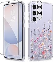 Vista 99 de GVIEWIN Funda protectora para Samsung Galaxy S25, transparente floral, delgada, a prueba de golpes, para mujer, no se pone amarilla, con protector