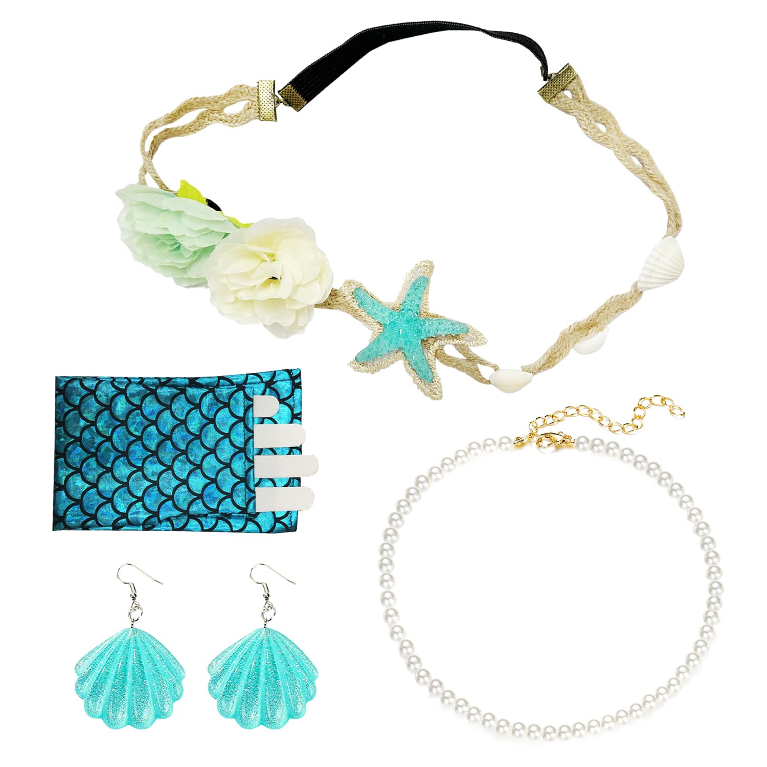 CYNOSURETECH 1 Set of Ocean Accessories Set, Blue Ocean Theme Jewelry, Mermaid Jewelry, Hairband, Earrings