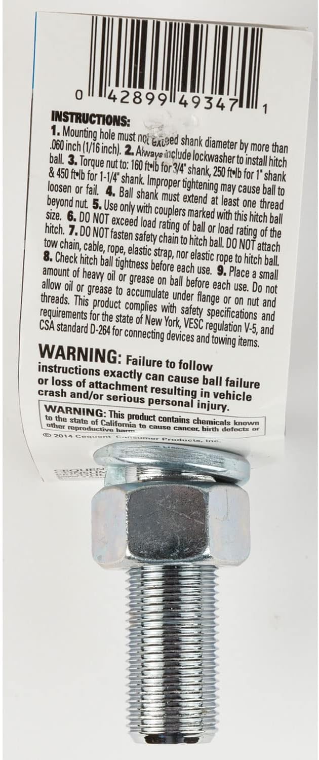 Reese 7029000 Trailer Hitch Ball, 2 in. Diameter, 3,500 lbs. Capacity, 3/4 in. Shank Dia, 2-3/8 in. Shank Length, Chrome