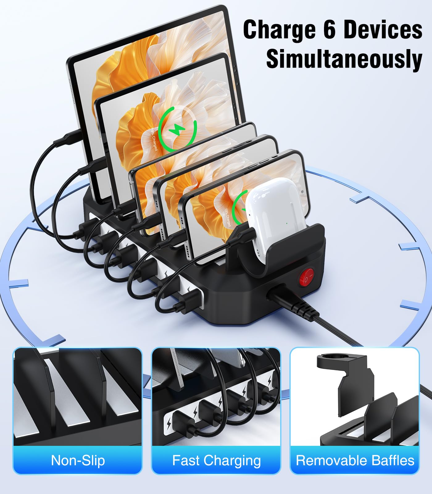 60W 6 in 1 Charging Station for Multiple Devices?Safe Certified Safer Charging? 6 Ports Charging Dock Organizer w/ 6 Cables &2 Stands for Cellphone,Tablet, Kindle, Apple Watch and Other Electronic