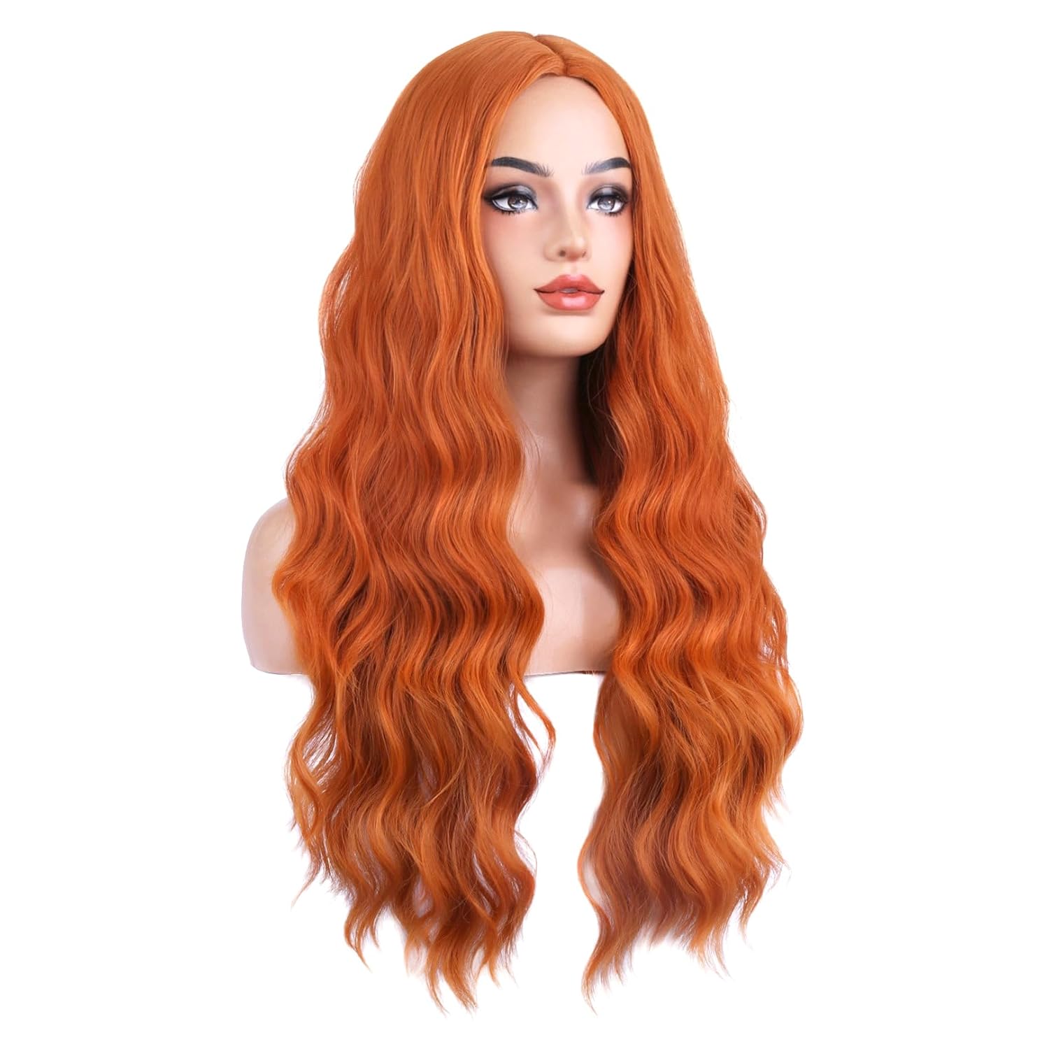 BERON Wigs Orange Long Wavy Wig for Women Curly Ginger Heat Resistant Synthetic Hair Wigs for Daily Use with Wig Cap