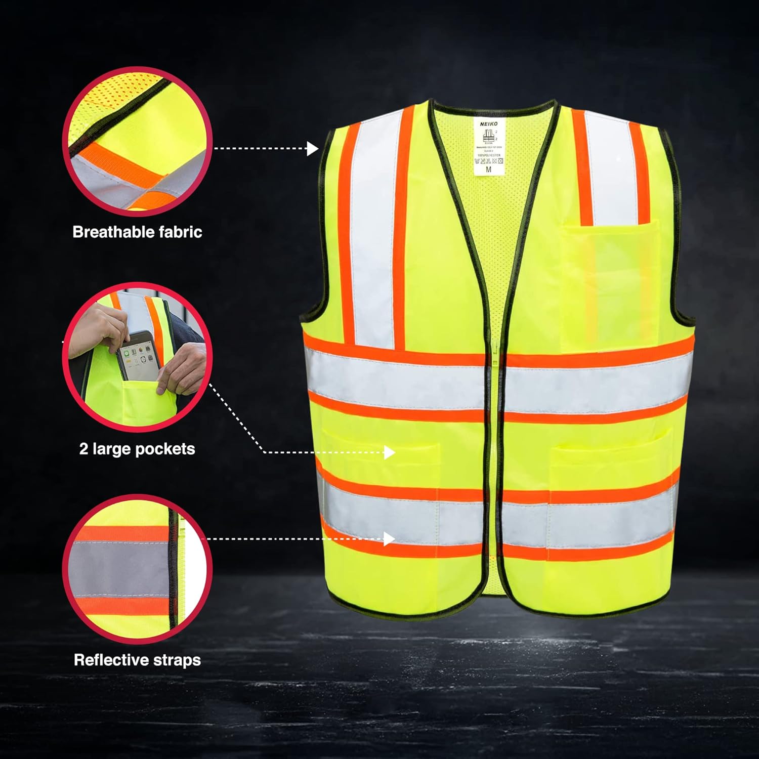 Neiko 53989A High Visibility Safety Vest with 3 Pockets and Zipper, Neon Yellow | Size M - - 