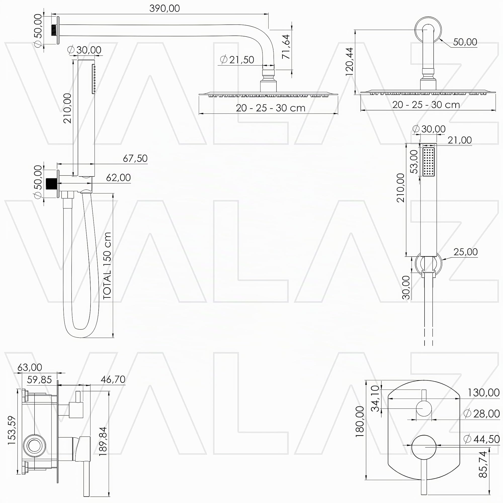 VALAZ Douche Encastrable | Mitigeur Douche 2 voies, Pulvérisateur Effet Pluie | Installation Murale Facile et Rapide | Inoxydable, Ronde, Pulvérisateur 25 cm, Garniture Ovale, Noir Mat, Série Duero