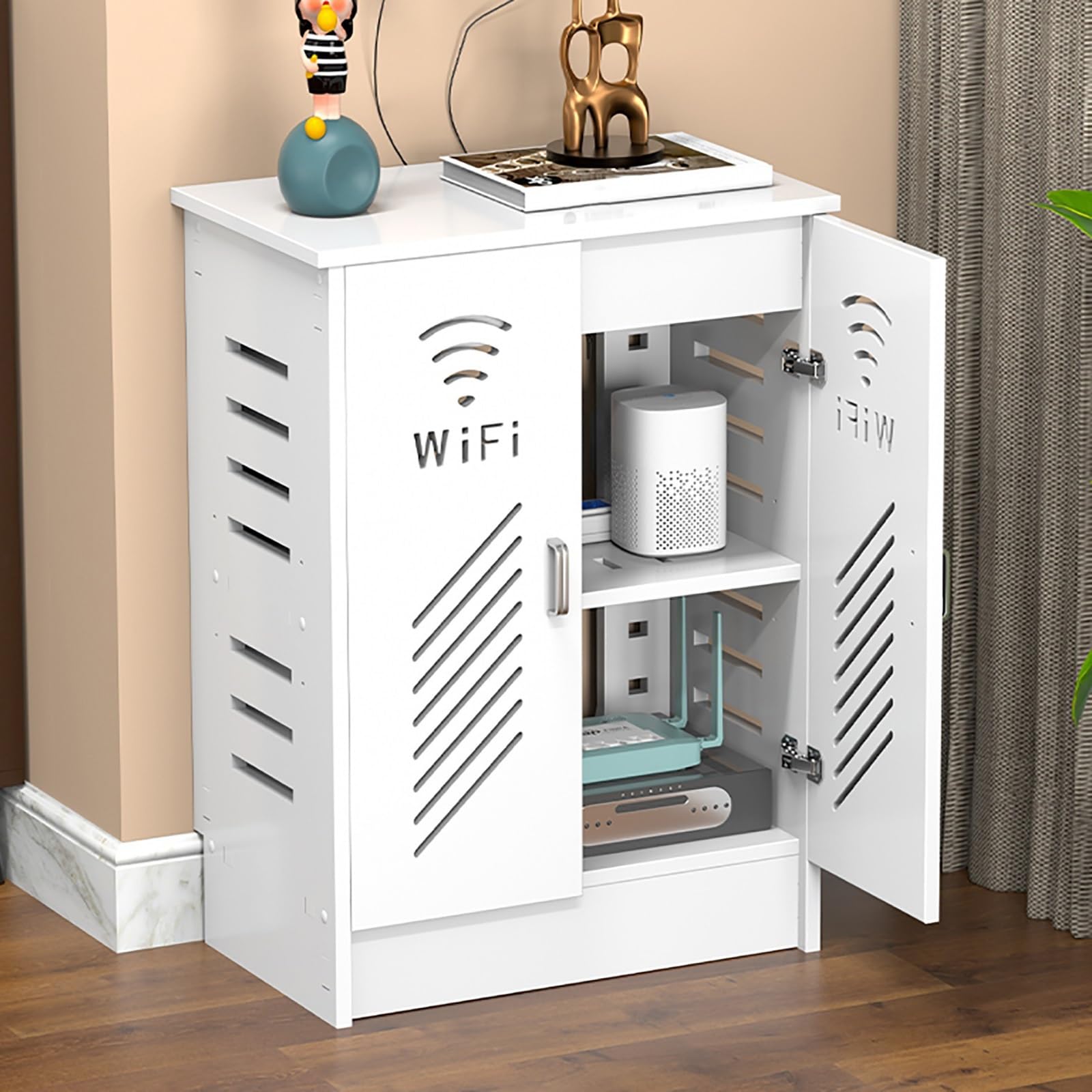Gabinete para enrutador con estantes ajustables, mueble ocultador de cables con ventilación