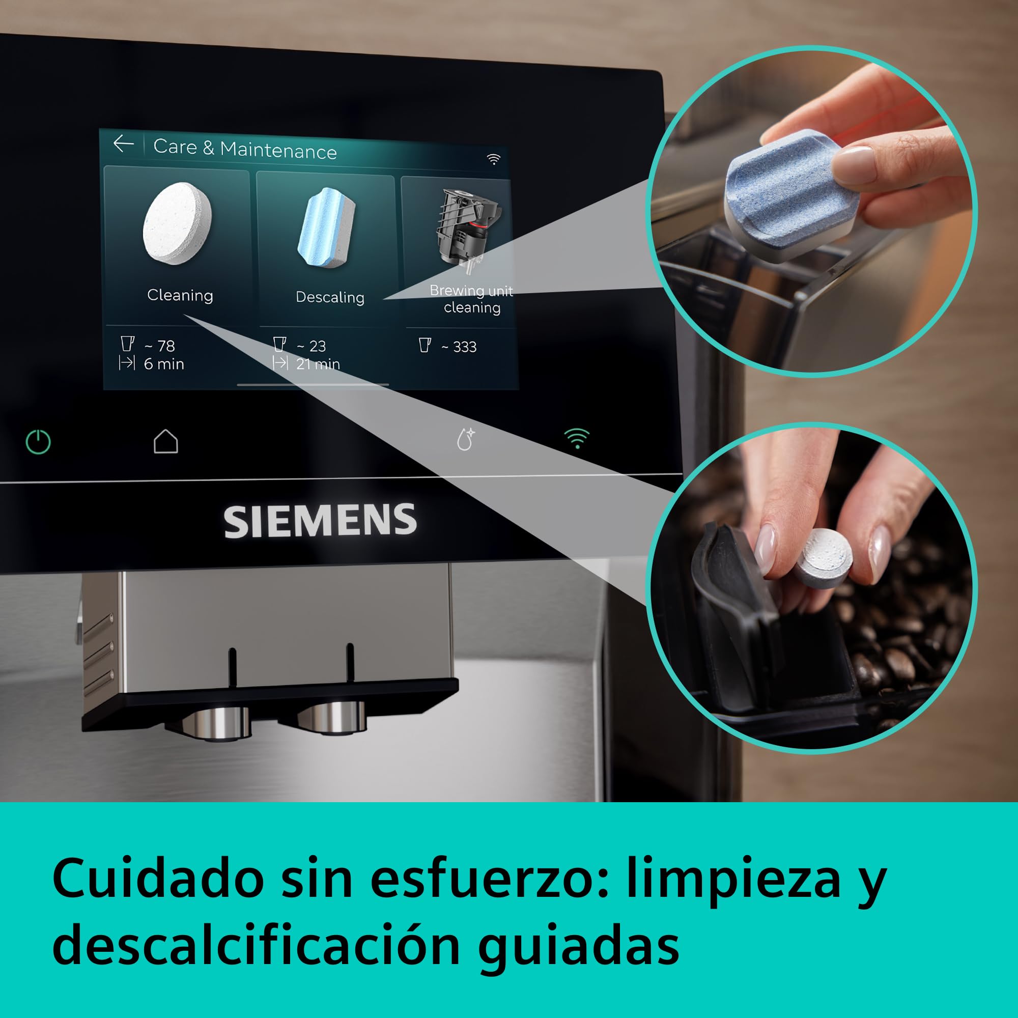 SIEMENS, Cafetera Superautomática, EQ700 iAroma, pantalla táctil, depósito de leche integrado, calentador de tazas, Cold Brew y Slow Brew, app Home Connect, acero inoxidable negro, TQ727E03