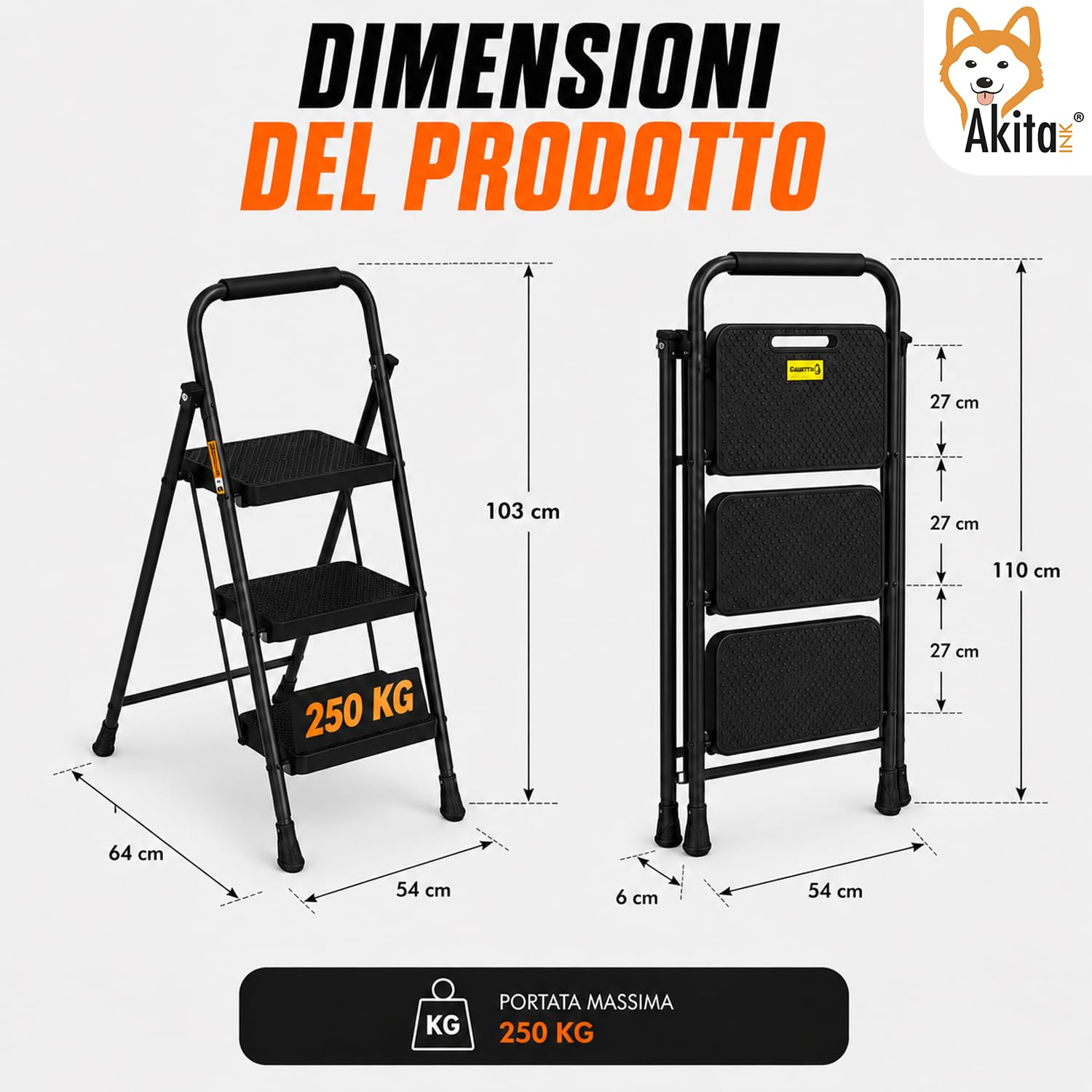 AkitaInk Scala Pieghevole in Acciaio 3 Gradini Nero | Scaletta Pieghevole, Piedini Antiscivolo, Impugnatura in Spugna, Certificata EN14183