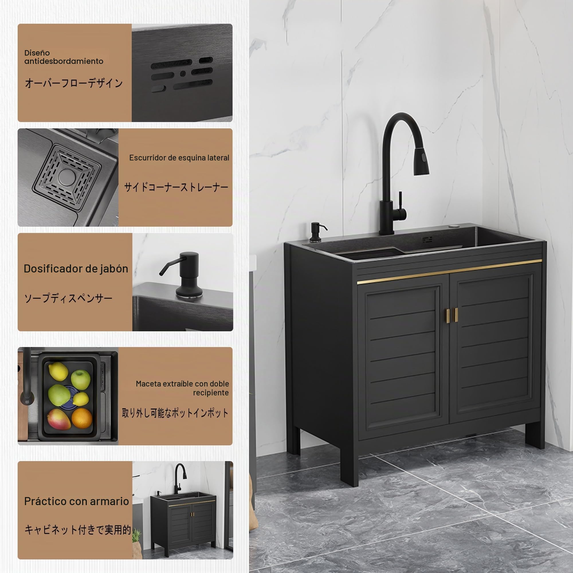 Mueble Fregadero Cocina 1 Seno con Escurridor y Fregadero Exterior Jardín de Acero Inoxidable por Modulos con Bajo Grifo Extraíble y Accesorios para Garaje