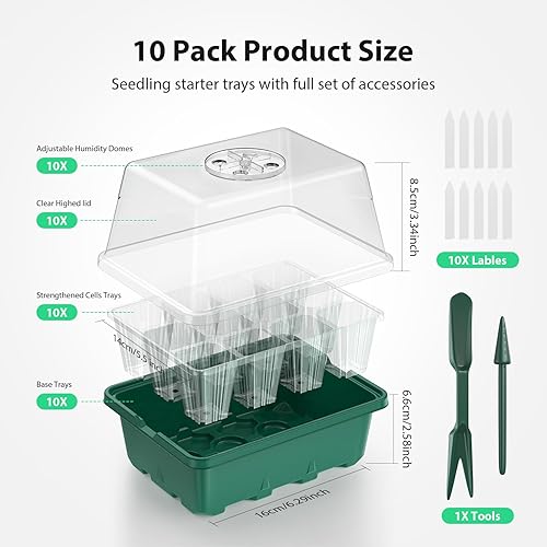 Miniatura 9 de Bandeja de inicio de semillas, kit de inicio de 10 piezas, bandejas de inicio de plántulas con tapas elevadas para mirar semillas, bandejas de