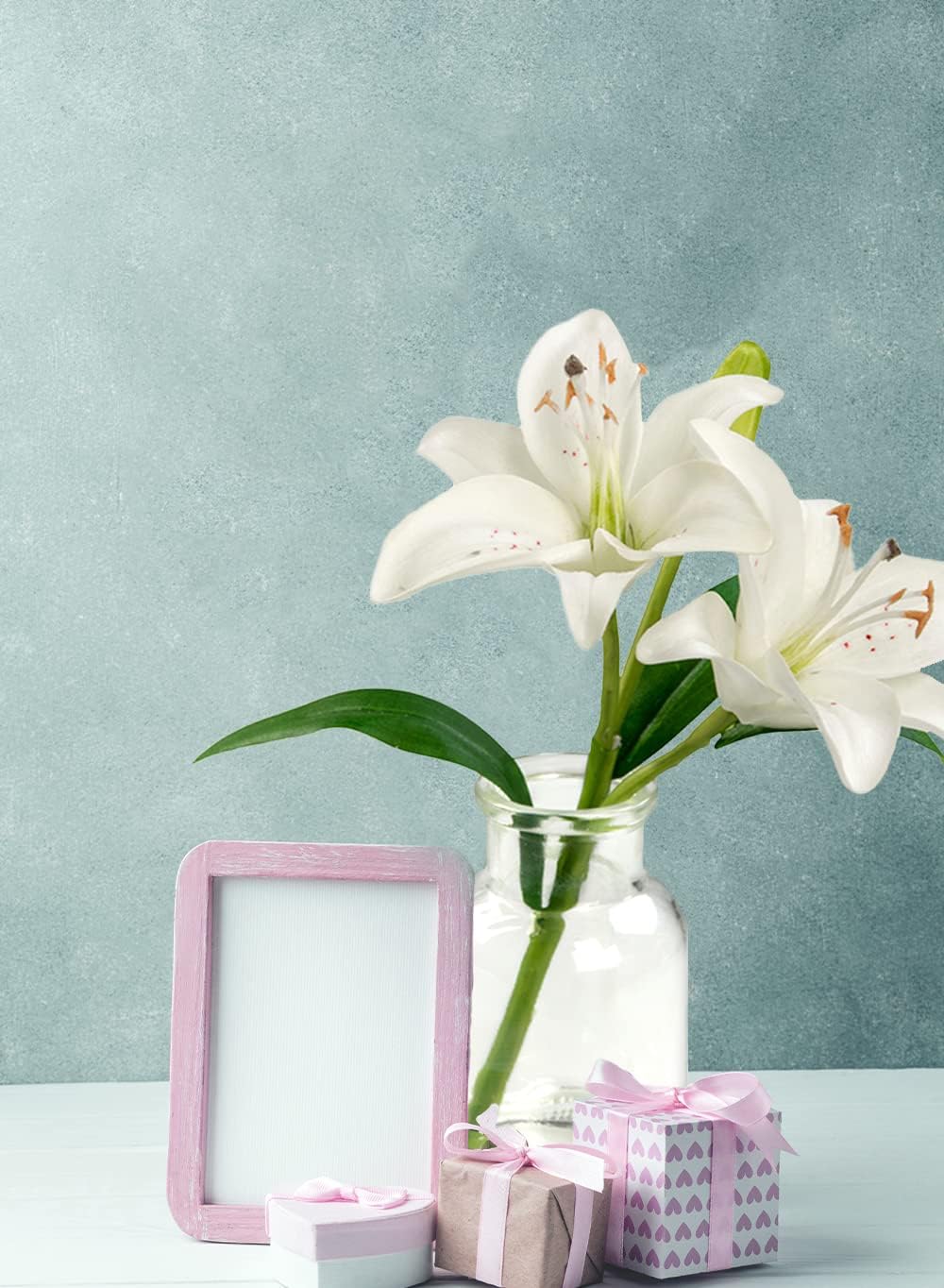 Serene Spaces Living Set of 2 Faux White Lilies in Glass Bottle Vase, Console Table Décor, Table Centerpiece Decor for Office, Living Room, Dining Room, Bathroom, Wedding, 2.5" Diameter & 10" Tall