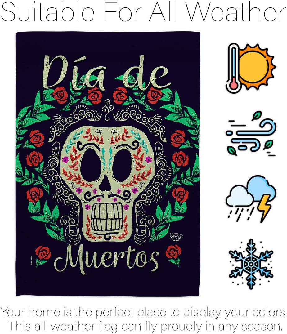 HS192074-BO-03 Dia de Muertos Skeleton Fall Halloween Decorative Vertical House, Thick Fabric, Large Flag Set w Indoor Hanger