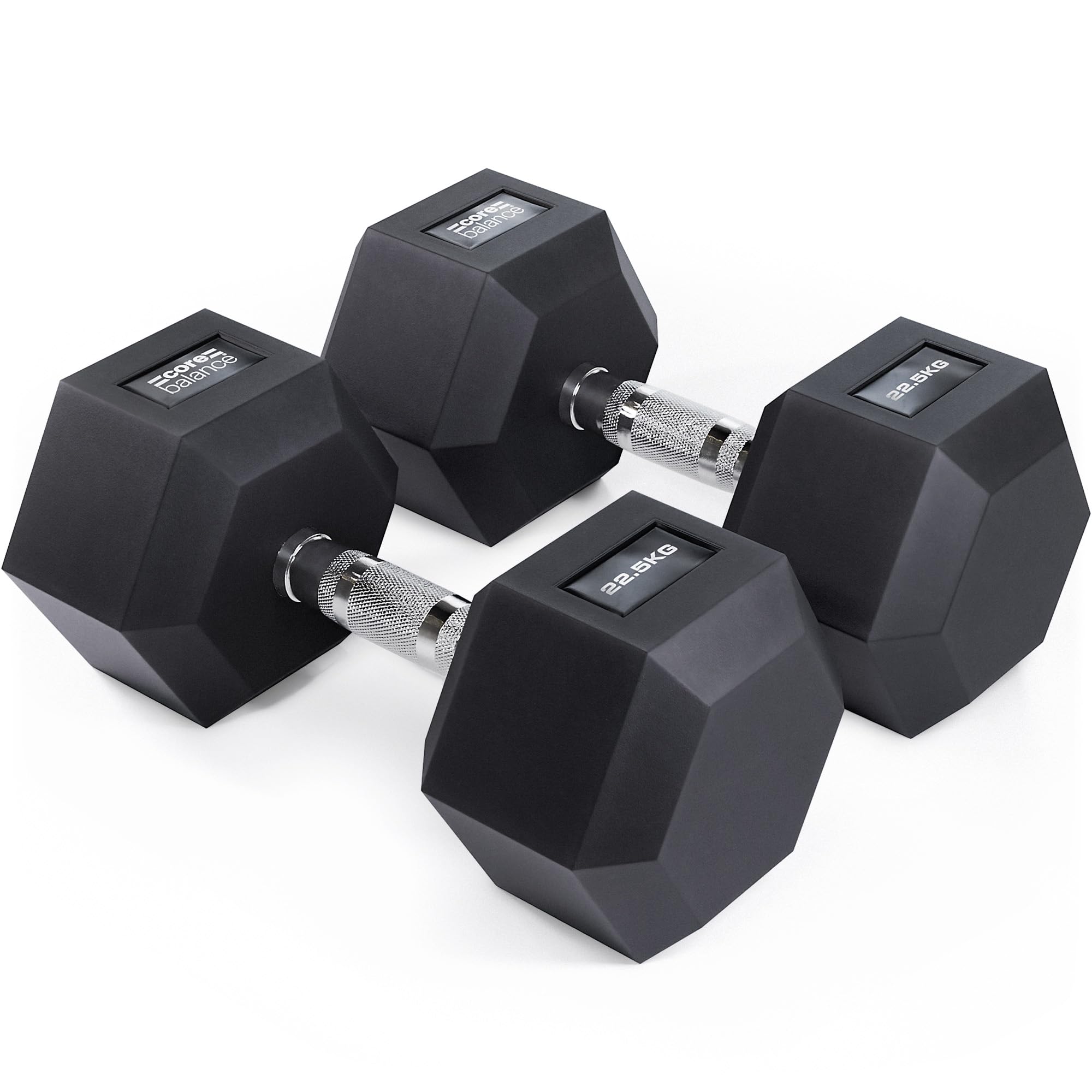 Core Balance Hex Dumbbells Pair – 2 x 22.5kg, Cast Iron, PVC Coated Anti-Roll Hexagonal Weights, Knurled Non-Slip Handles, Home Gym Fitness, Strength Training, Weight Lifting