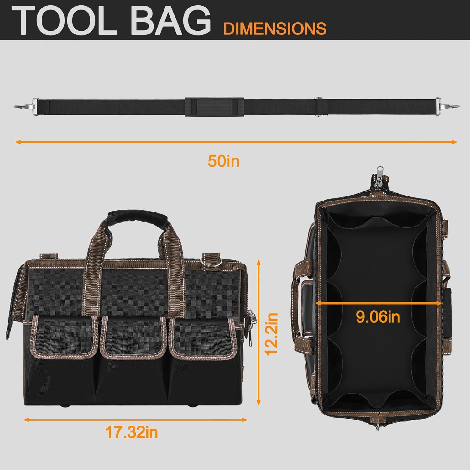 tool bags for men heavy duty 17-inch, large portable toolbox organizer storage, multi-pocket wide-mouth large zipper tool tote bag with adjustable shoulder strap, electrician tool bag, hvac tool bag