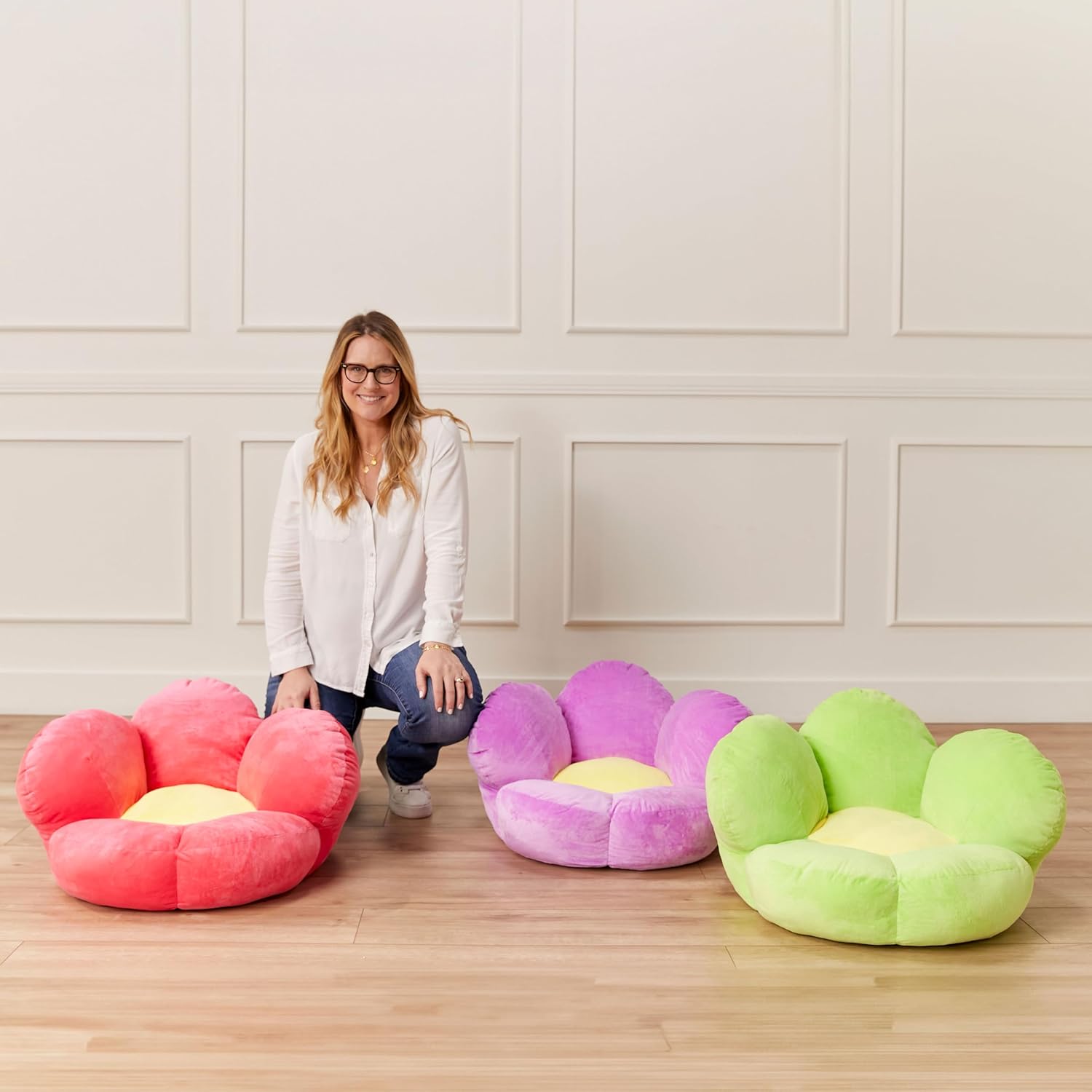 ECR4Kids SoftZone Flower-Shaped Cozy Floor Cushion, 25in, Flexible Seating, Bright Green