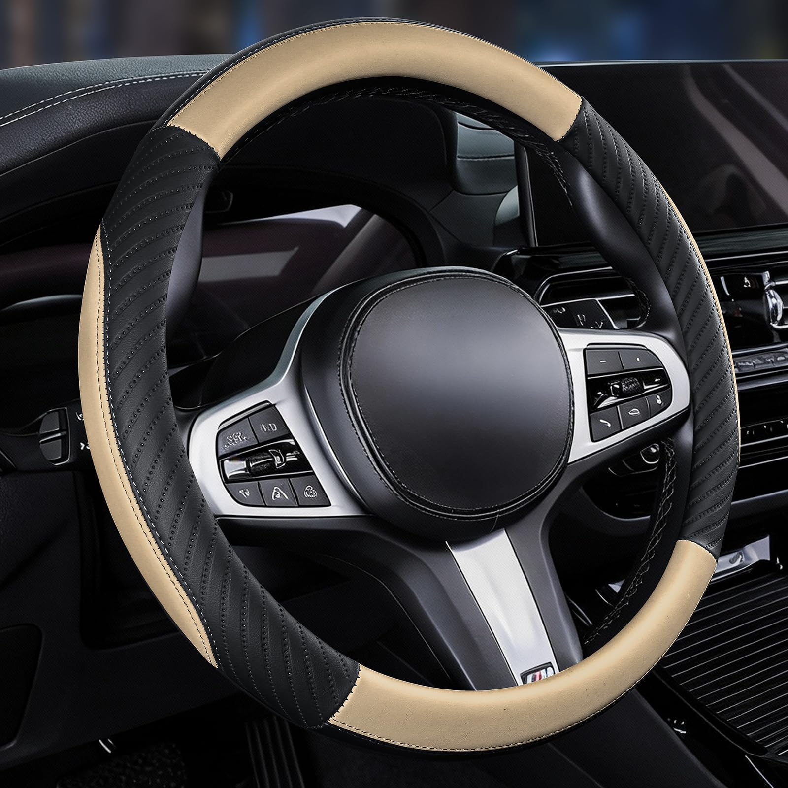 Car Steering Wheel Cover Leather - Soft Microfiber Steering Wheel Cover Universal Size M 37-38cm /14.5-15inch, Anti-slip, Breathable, Beige