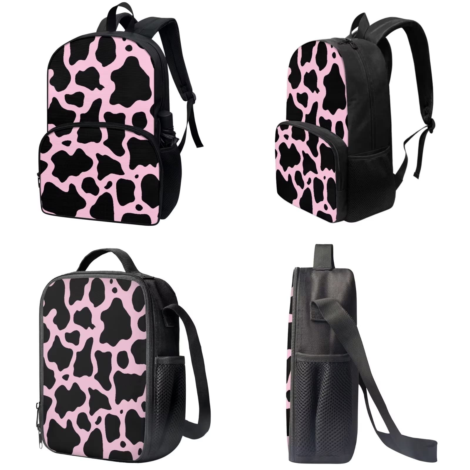 Poceacles Schultasche und Lunchbox-Set für Teenager, Jungen, Grundschule, Büchertasche, Federmäppchen für Grundschulkinder, Kuhflecken, Einheitsgröße