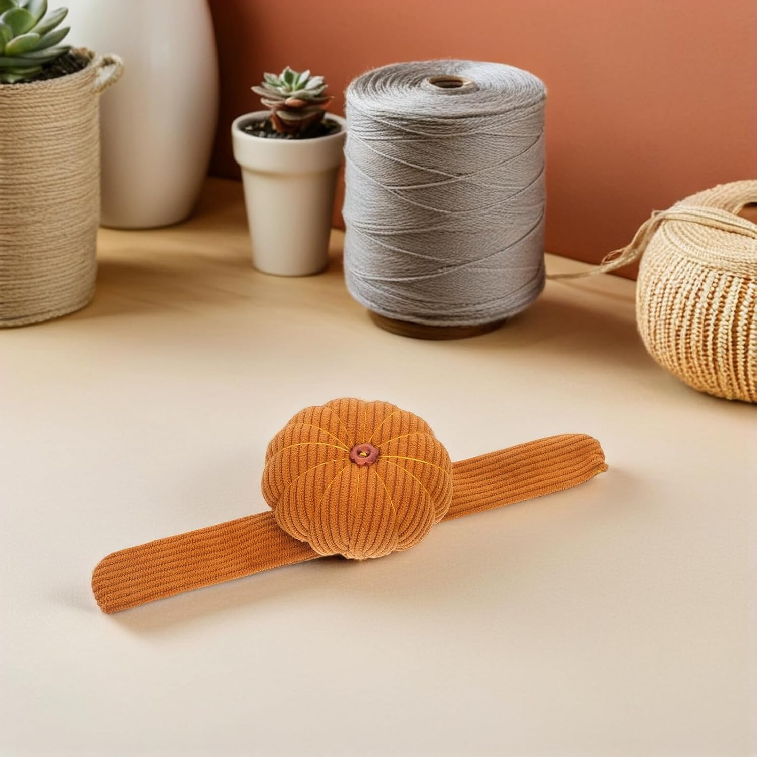 TOKIDNY Pumpkin Corduroy Wrist Pin Cushion Set with Snap Pincushion Wristband and Finger Needle Holder for Sewing Quilting DIY Crafts, Ginger Yellow