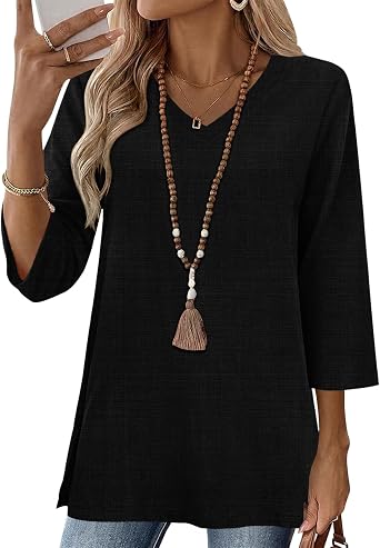 AKEWEI 3/4 Length Sleeve Cotton Linen Womens Tops V Neck Loose Fit Dressy Casual Blouse Flowy Shirts Womens Clothing