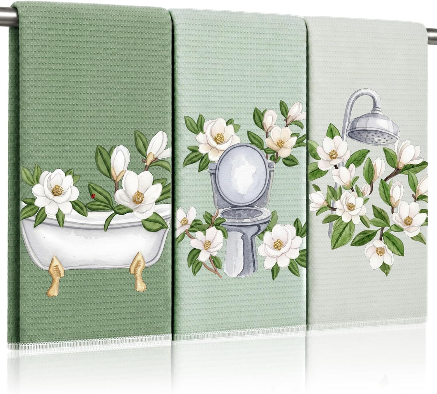 3pcs Sage Green Hand Towels for Bathroom 16x24 Inch Kitchen Towel | Soft Microfiber Fabric, Gradient Green, Magnolia Farmhouse Flower, Absorbent Bathroom Decor, for Drying Cleaning Housewarming