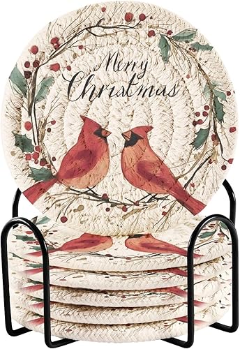 Vista 29 de Juego de 6 posavasos para bebidas con soporte, diseño retro de estrella de mar y estrella de mar, juego de 6 posavasos decorativos absorbentes