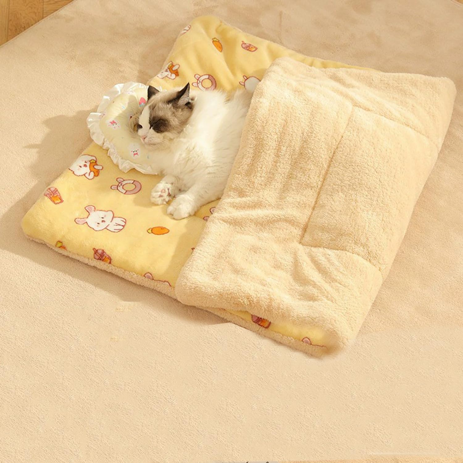 Pongpai Warming Pet Pad Cat Sleeping Blanket, Self-warmin Fluffy Kittens Mat, Puppy Cushion Blanket Fleece Dog Crate Pads for Indoor Outdoor (XXL-105x70cm,Yellow-rabbit)