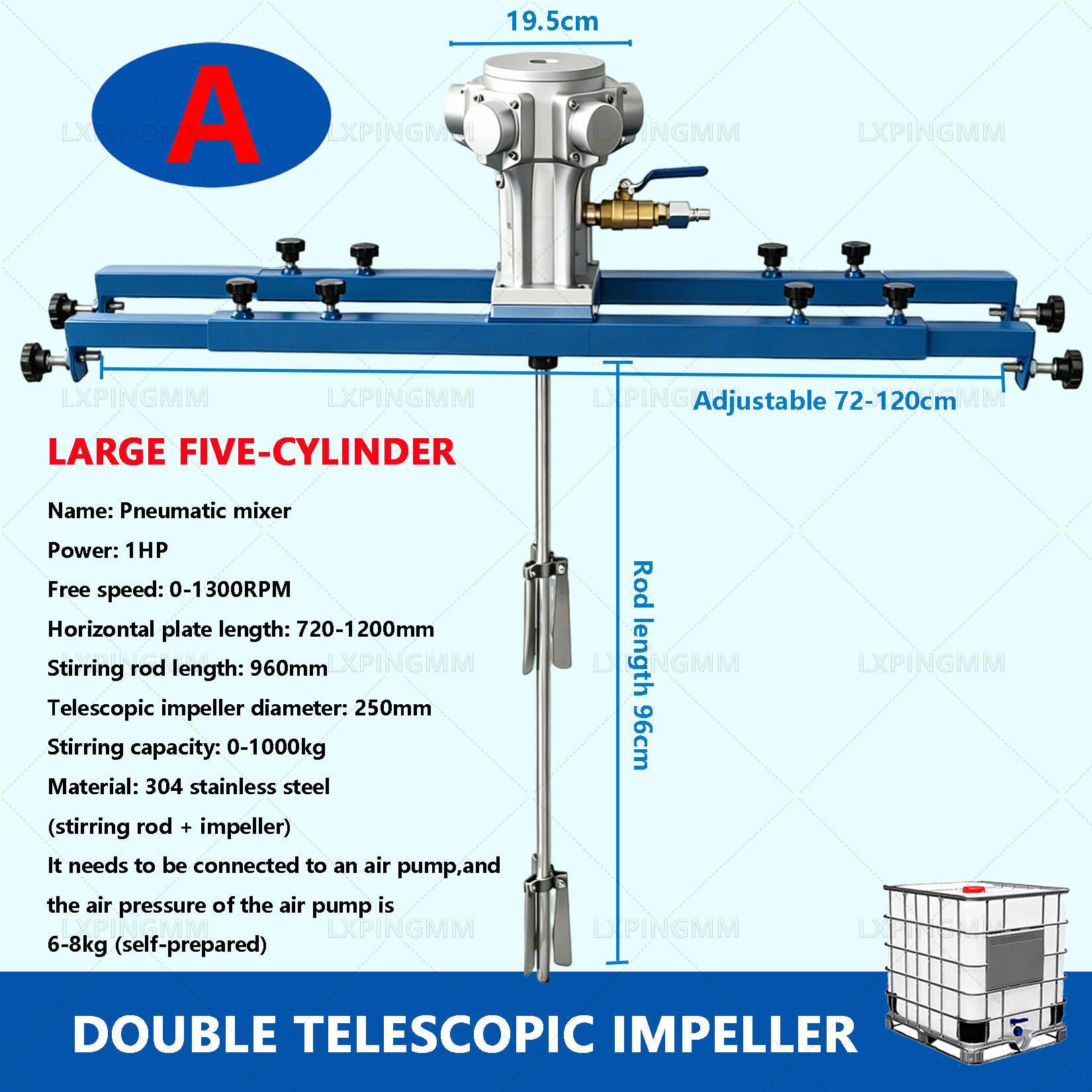 Agitador neumático para IBC, Herramienta para Mezclar Pintura, 265 galones, Material de Acero Inoxidable 304, Pala Plegable, para Tanques IBC con Adhesivo A-Large5Cylinder