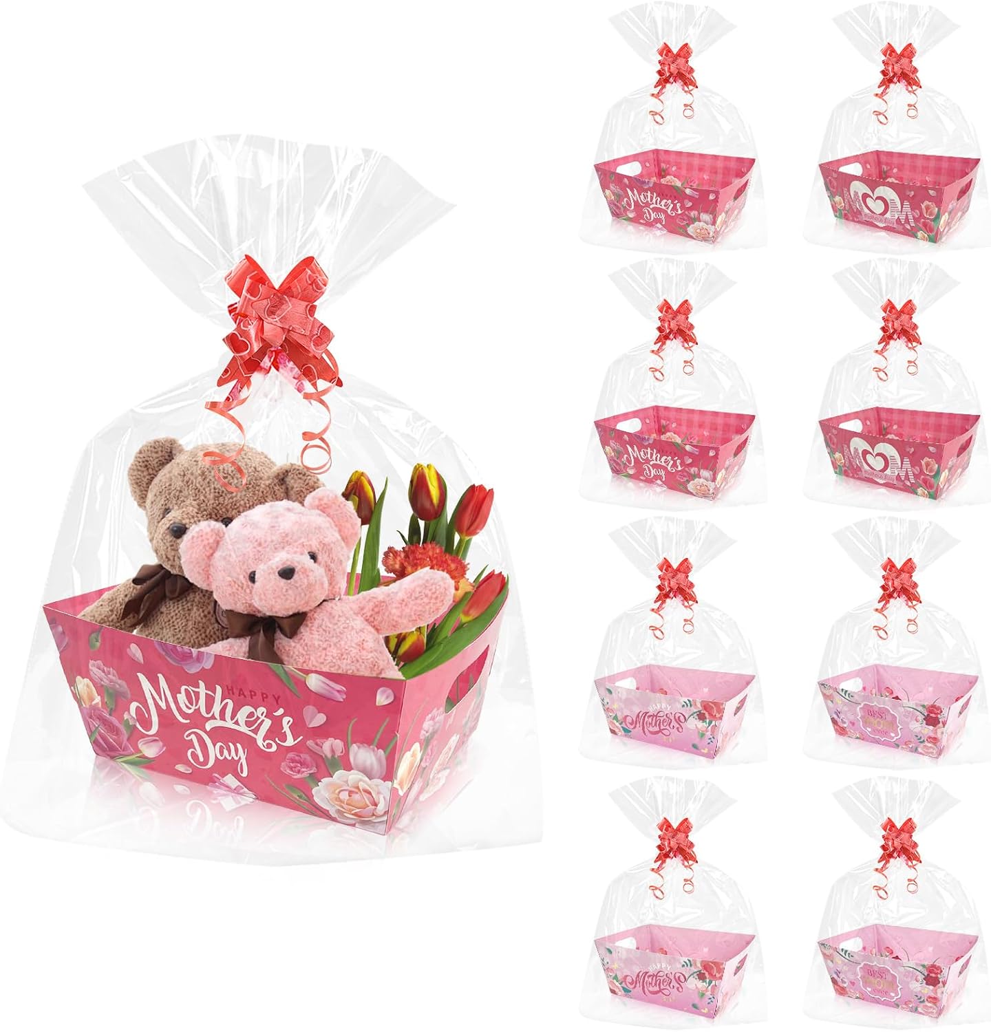 CIEOVO 24 Set Happy Mothers Day Baskets for Gifts Empty with Cellophane Basket Bags Bows, Happy Mother's Day Market Tray Cardboard Basket to Fill for Best Mom I Love You Mom Birthday Party Decor