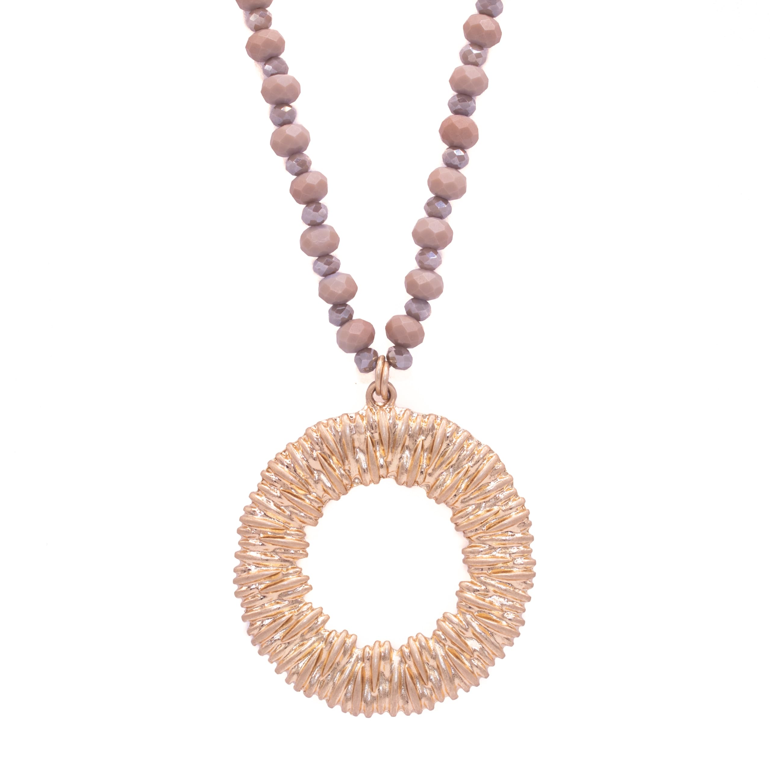 AMICHI- Collar Mujer Dorado Largo – Colgante Redondo Hueco Tipo Donut Texturizado con Piedras de Cristal Marrón y Gris – Elegante Handmade – Collar Mujer Original