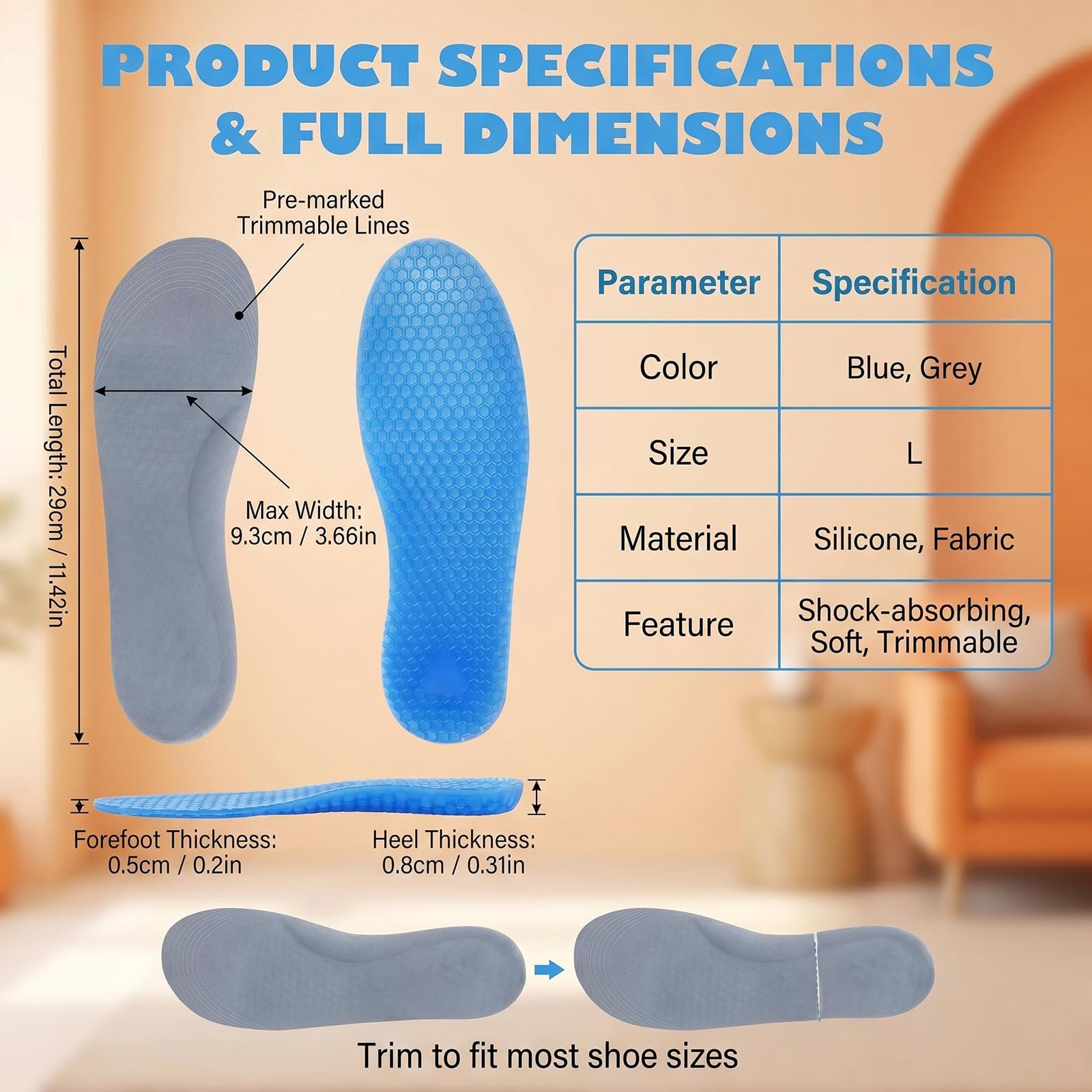 1Pair Blau Silikon Wabe In voller Länge Einlegesohle Luftkissen Dämpfungsschuh Pad Kissen Einsätze für Männer Frauen (groß)