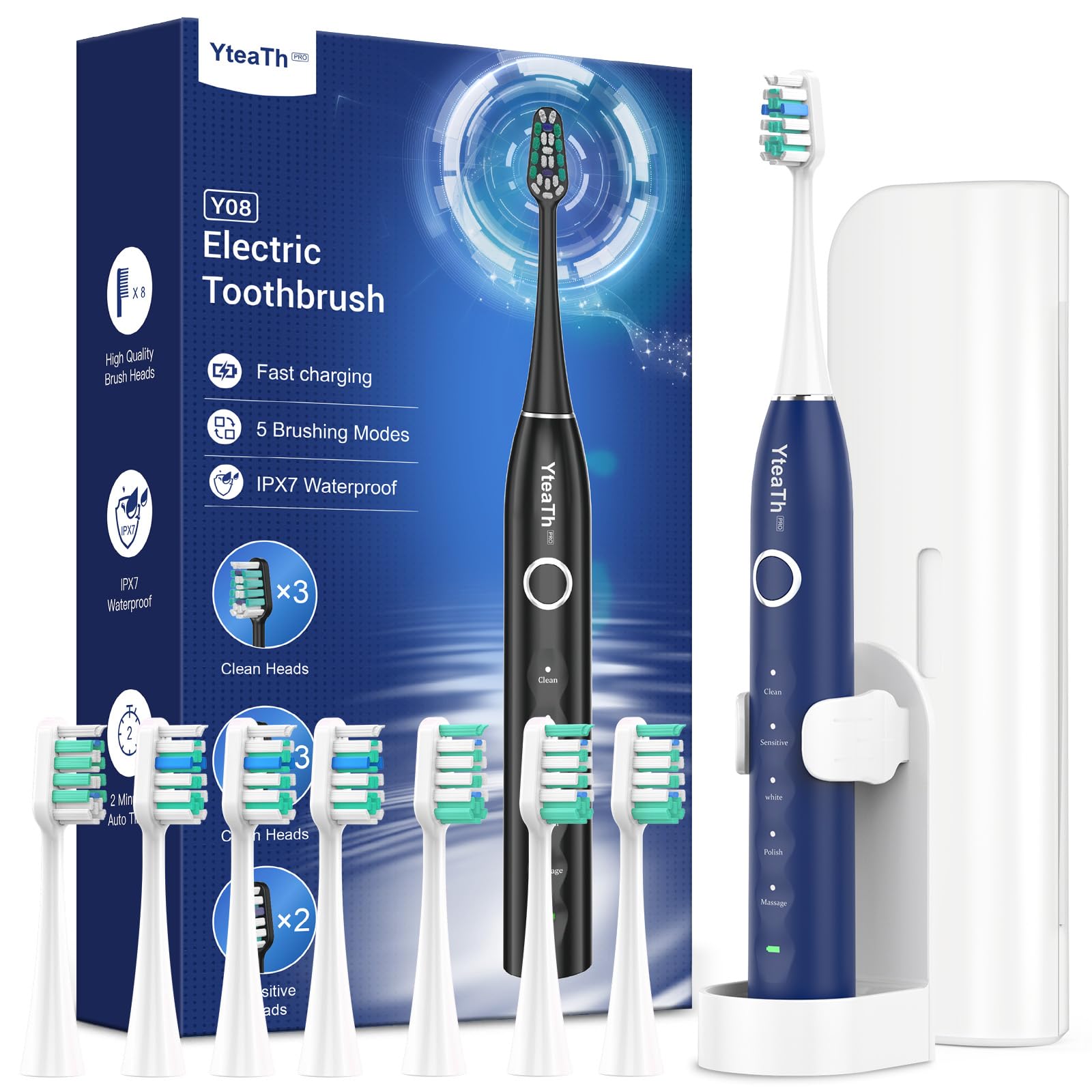 Cepillo de Dientes Eléctrico Sónico Hombres con 8 Cabezales - Cepillo Eléctrico Adultos con 5 Modos, Estuche de Viaje, 3 Meses de Autonomía, Cepillo Dientes Electrico Viaje Recargable, Blanco y Azul