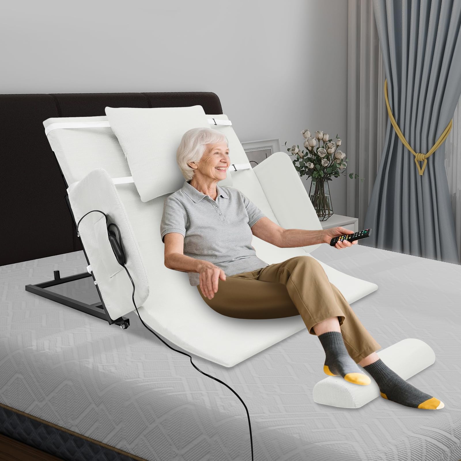 Elektrisches Bettgestell 10-80° Verstellbarer Elektrisch Rückenlehne mit Kissen, Geländer, Beinruhe, Fernbedienung, 120 * 97 * 73cm Elektrische Bett Rückenlehne für Doppelbetten, Tatamimatten (Weiß)