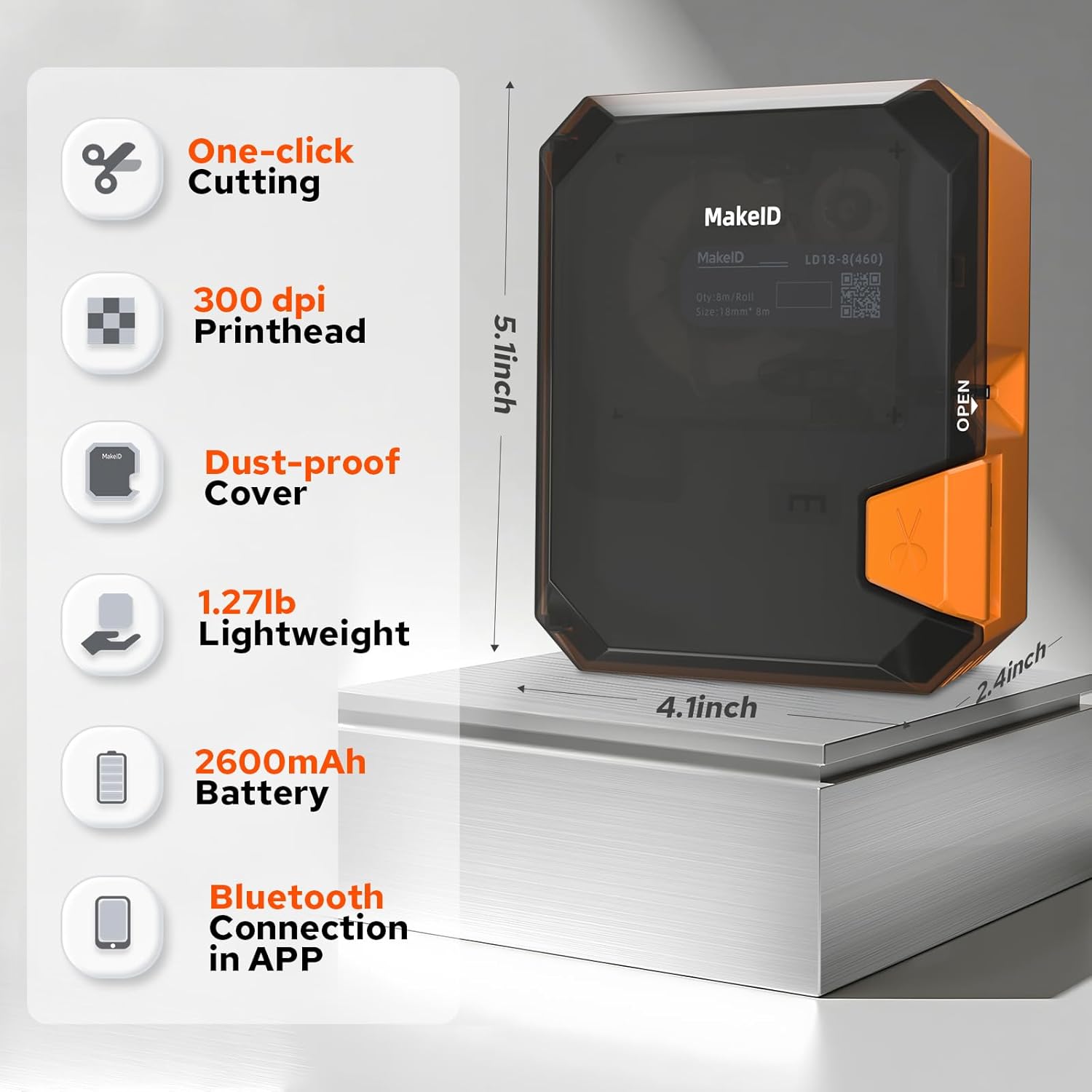 Makeid E1 Label Printer features and dimensions