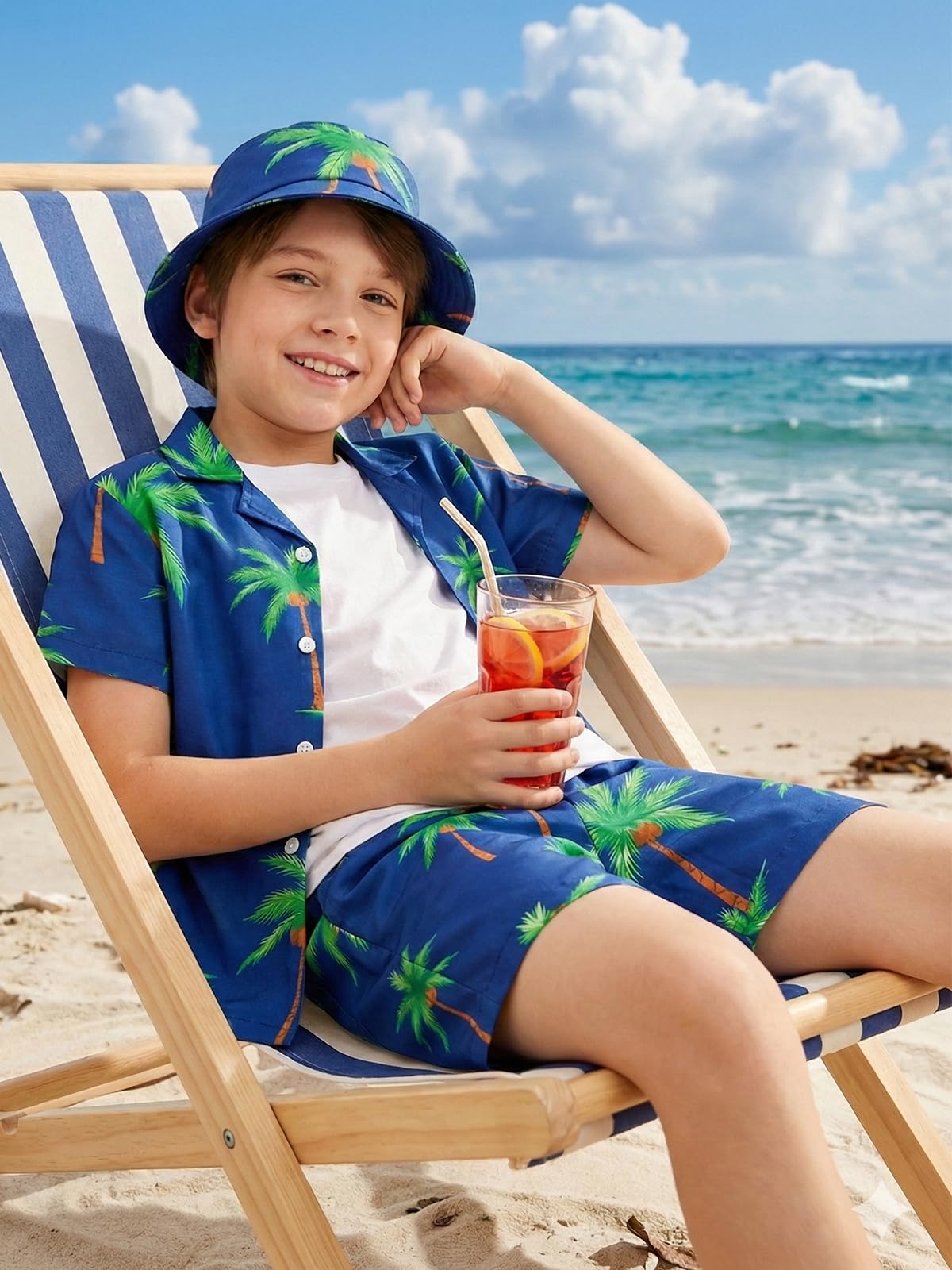 Hotfiary Completo hawaiano per bambini, set da 3 pezzi con pantaloncini con stampa tropicale, magliette e cappello, set estivo casual con risvolto, top e pantaloni a maniche corte, vestiti per 5-14