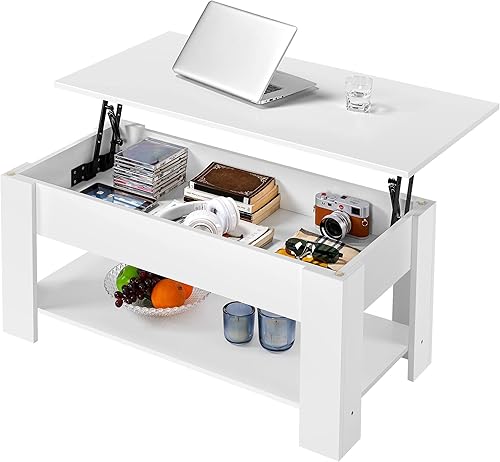 Topeakmart Mesa de centro con compartimento oculto, mesa de cóctel emergente para sala de estar, oficina, recepción, color blanco