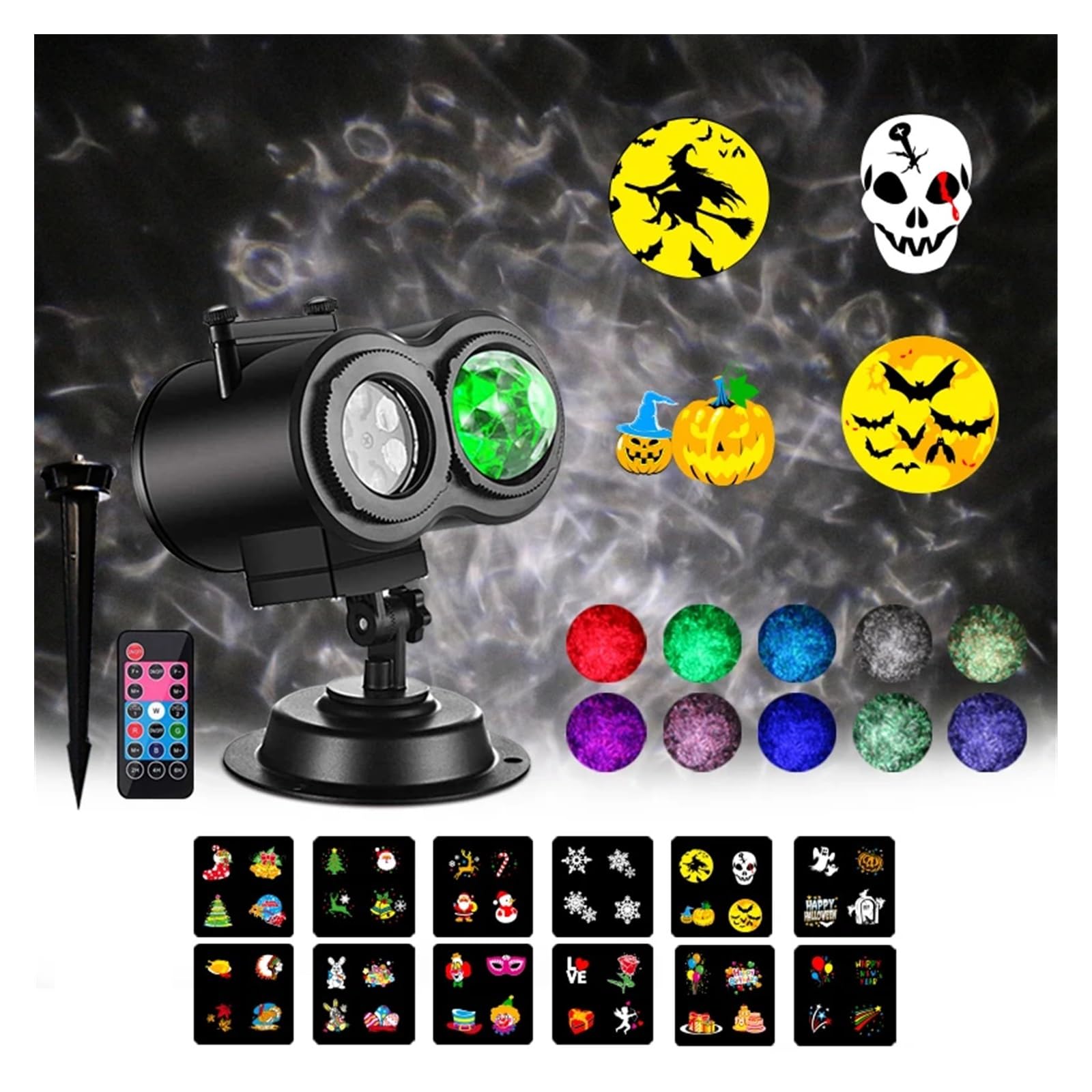 Projecteur Noel Exterieur, Lampe projecteur LED à Double Cylindre avec Motif d'eau, 16 Motifs, décoration de Nouvel an et de noël, lumières de Cartes Lumineuses, Halloween et noël