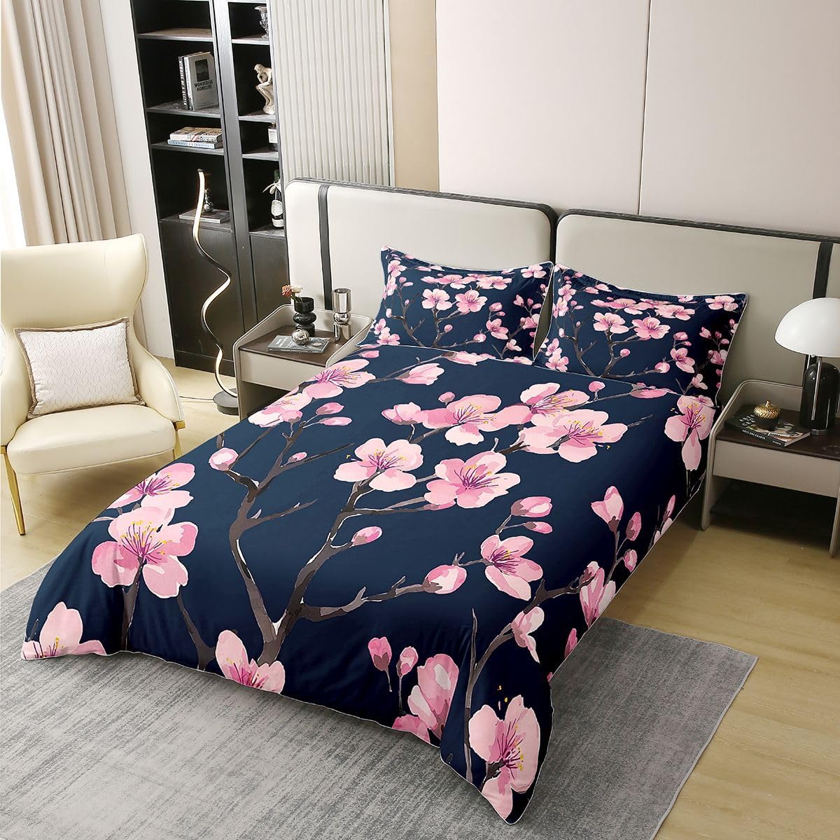 Erosebridal Girl Cherry Blossoms Bedding Set Japanese Cherry Blossoms Duvet Cover Pink Flowers Bedspread Cover Branches Plant Flowers Comforter Cover Navy Blue 3 Pcs Queen Size