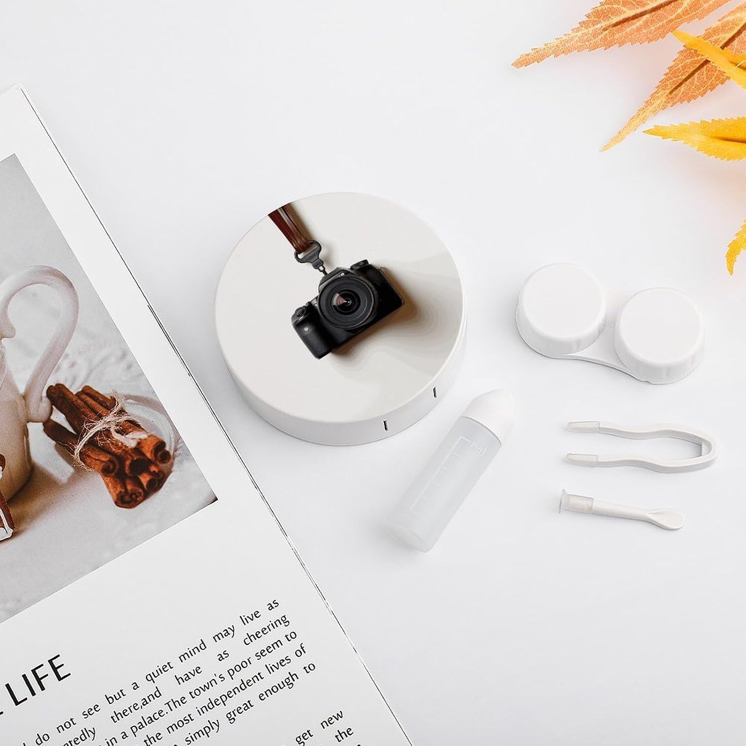 Camera Hanging on White Wall Contact Lens Case,Compact Portable Circle Contacts Lenses Case with Mirror Tweezers Contacts Lenses Container for Travel Daily Life